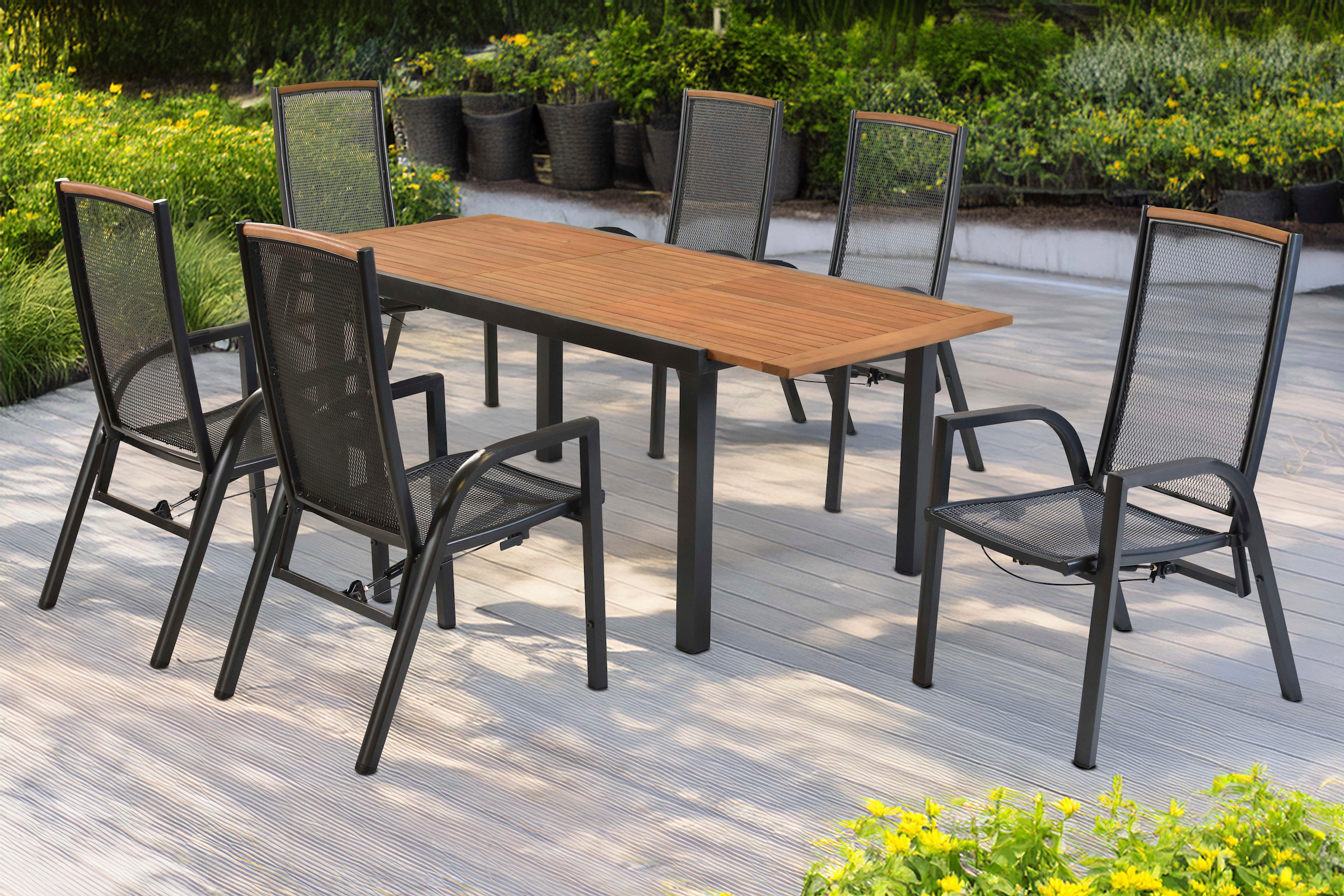 MERXX Garten-Essgruppe »»Tilos««, (Set, 7 tlg., Rückenabschluss und Armlehnen aus Akazienholz), Rückenlehne verstellbar durch Gasdruckfeder