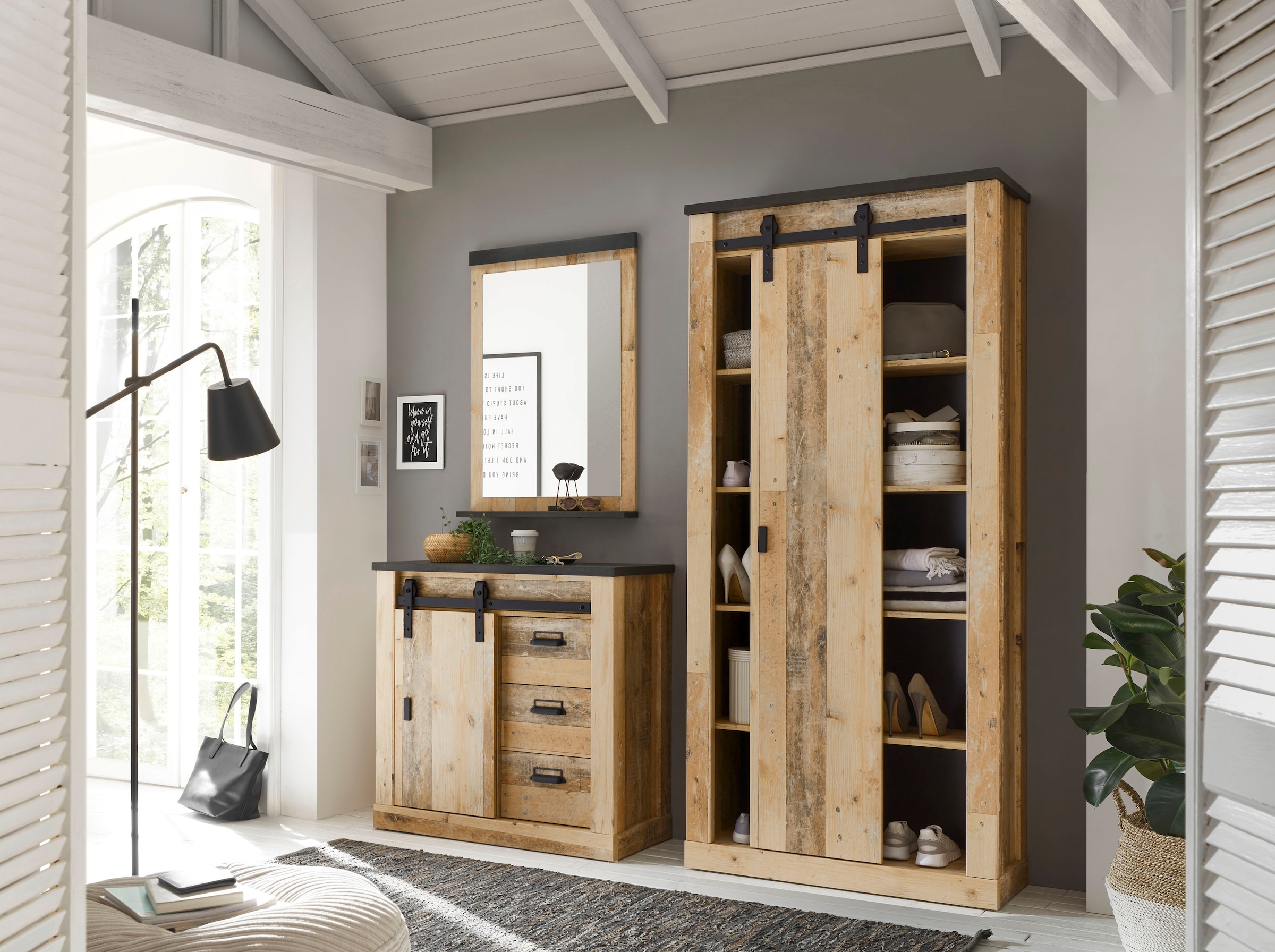Home affaire Garderoben-Set »SHERWOOD«, (3 St.), mit Scheunentorbeschlag, Apothekergriffe aus Metall