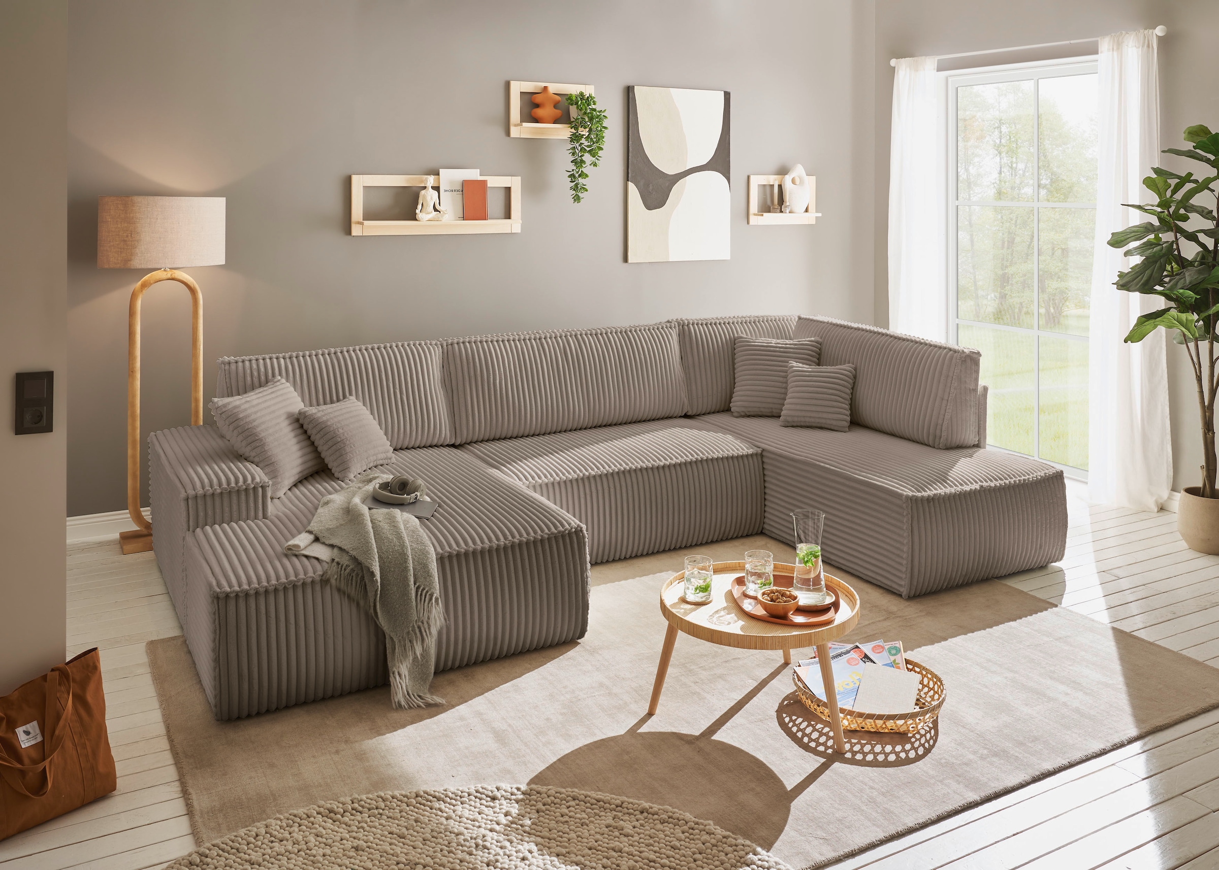 andas Wohnlandschaft »FINNLEY U-Form XXL 329 cm, Schlafsofa, Schlaffunktion m. Bettkasten«, (194/139 cm), Bouclé, Struktur und Cord