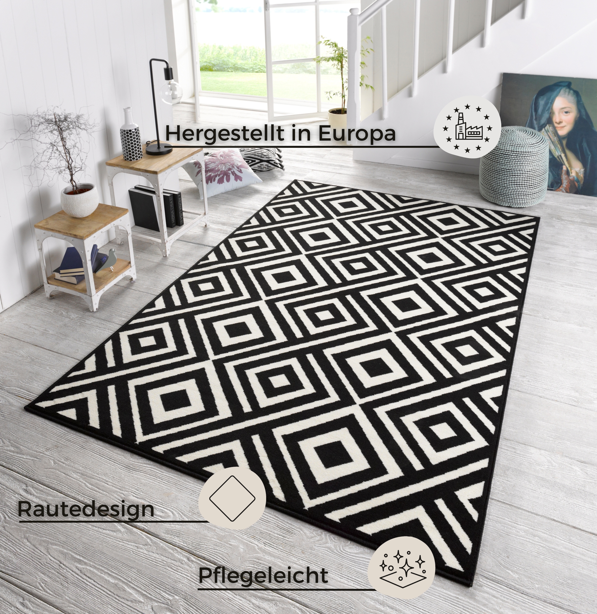 HANSE Home Teppich »Art«, rechteckig, 9 mm Höhe, Kurzflor Rauten Motiv, Velour Haptik, Robust, Pflegeleicht, Gekettelt