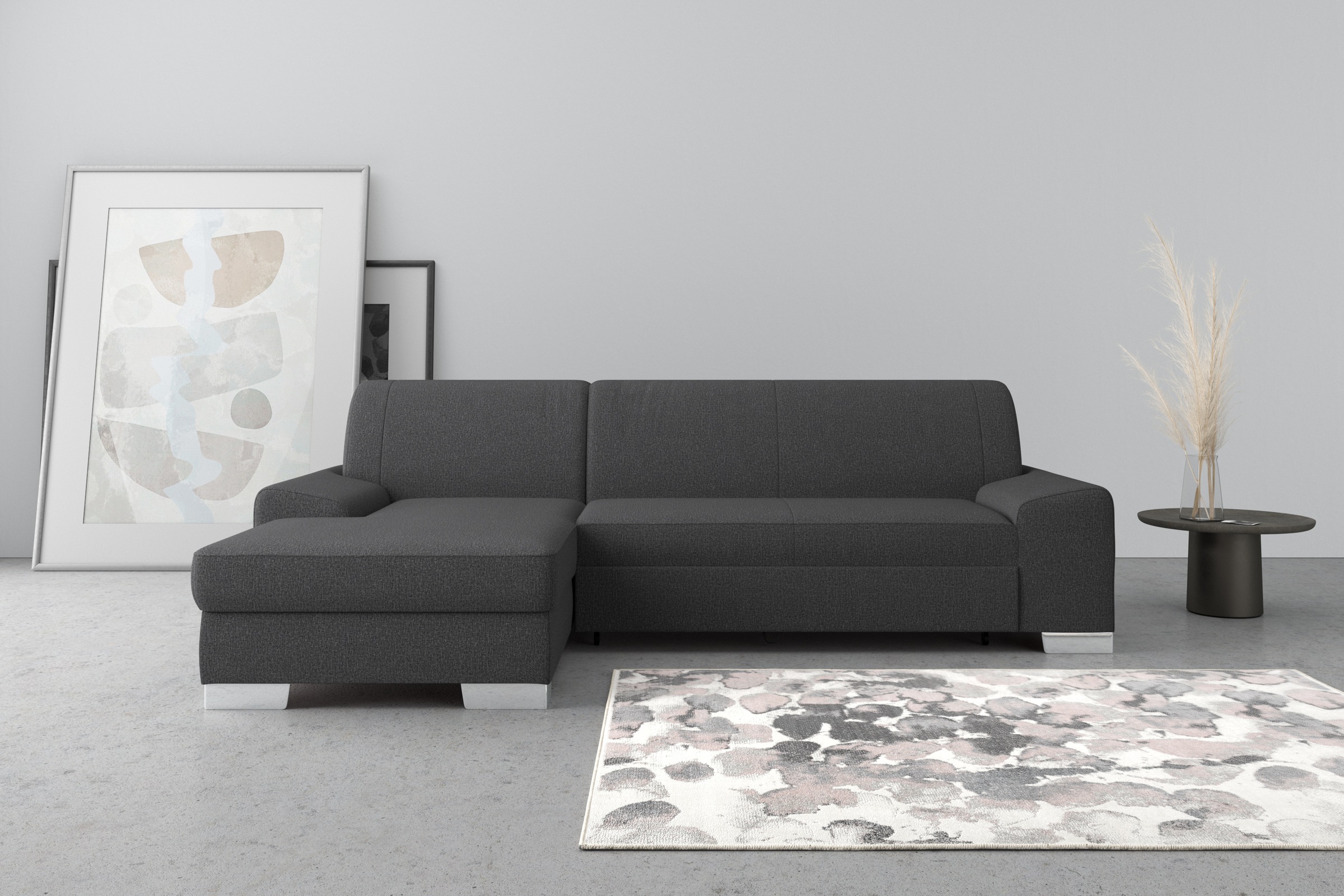 DOMO collection Ecksofa »Anzio L-Form, whlw. Bettfunktion, Federkern, hochwertig, Breite 271 cm«, Mit Bettfunktion, Recamiere links, Feinstruktur, anthratzit