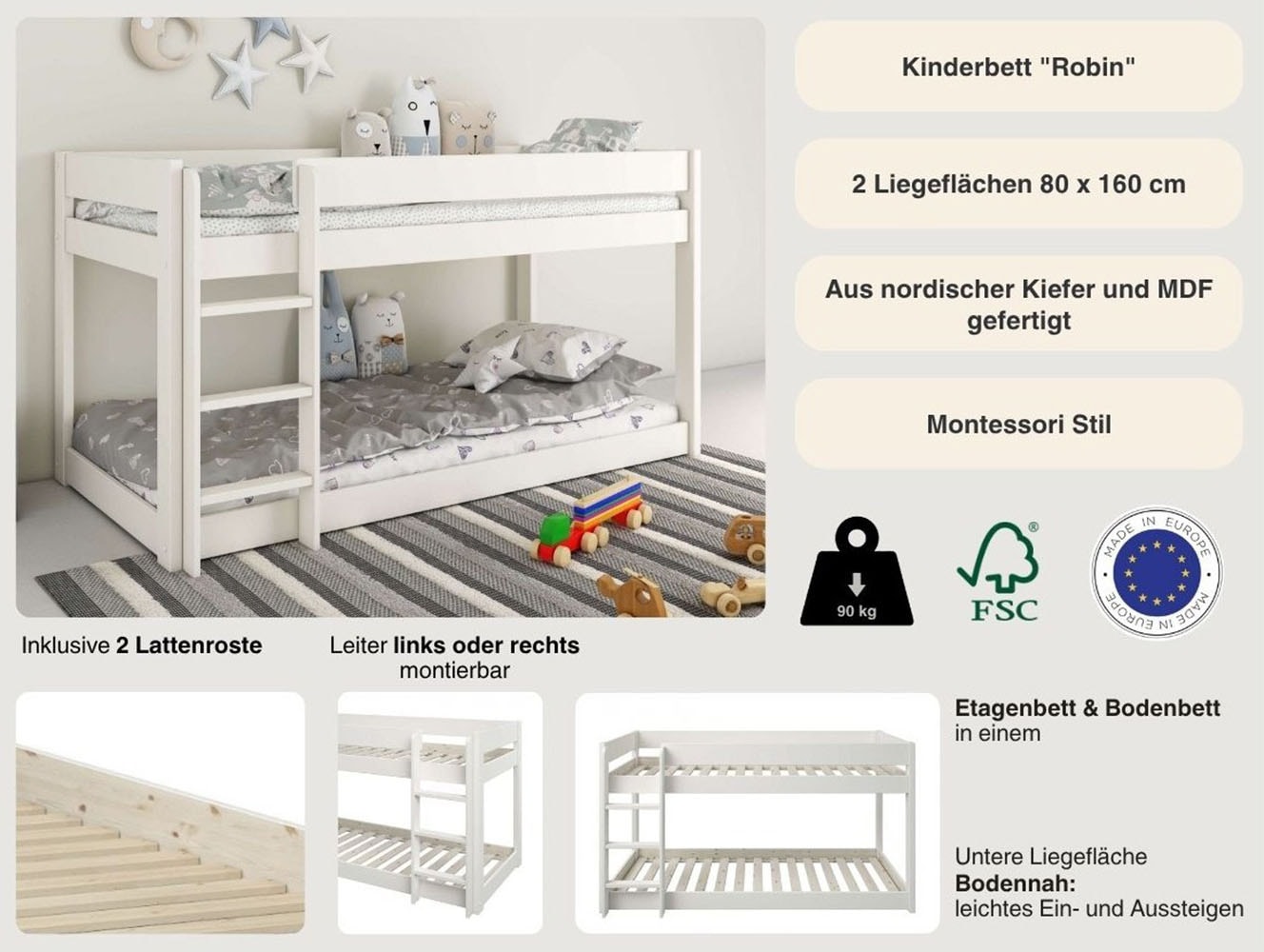 OTTO home Kinderbett »ROBIN ,Bodenbett,Etagenbett,Leiter/Einstieg seitenverkehrt montierbar« 2 Größen,  Montessori Stil, zertifiziertes Massivholz