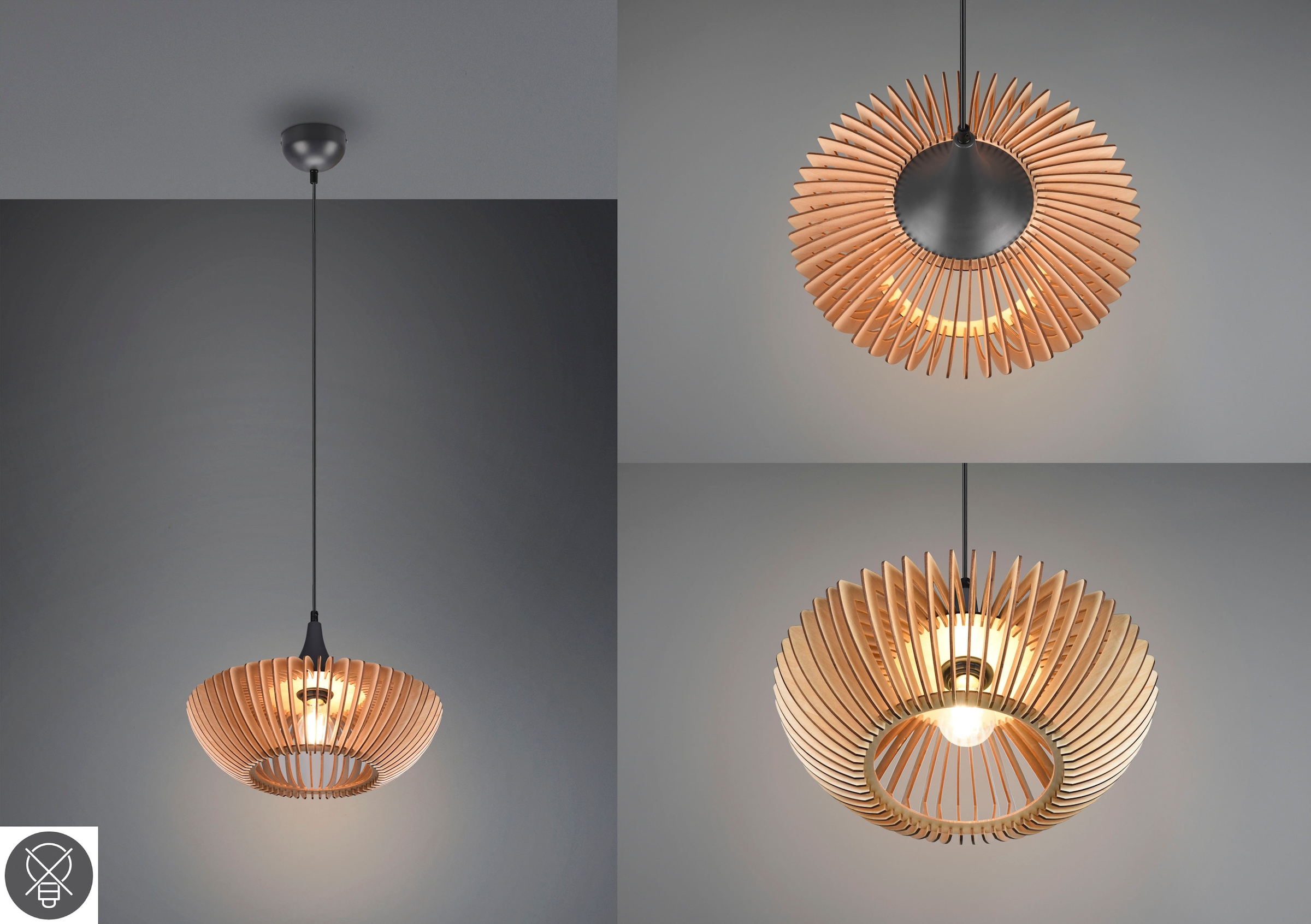 TRIO Leuchten Pendelleuchte »Colino«, 1 flammig, Leuchtmittel E27 | ohne Leuchtmittel, Hängelampe mit Holzschirm Ø40cm höhenverstellbar bis 150cm, exkl 1xE27