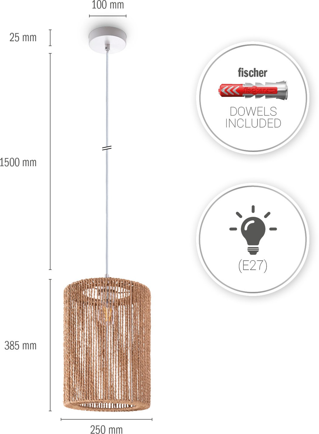 Paco Home Pendelleuchte »Hugo Ricarda«, Leuchtmittel E27 | ohne Leuchtmittel, Wohnzimmer Esszimmer Rattan Optik Boho Lampenschirm Papier Rund