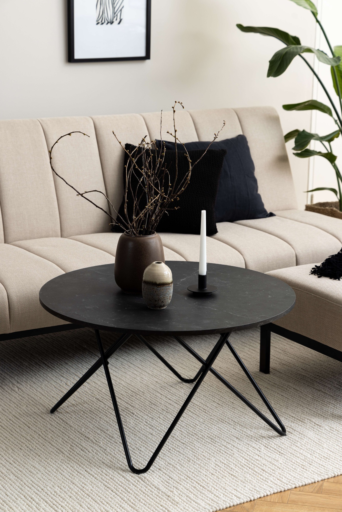 ACTONA GROUP Couchtisch »Wyre TOPSELLER!«, (Wohnzimmertisch, Sofatisch, Kaffeetisch), rund, schwarzer Marmor-Look, schwarzer Stahldrahtfuß, T: 80 cm