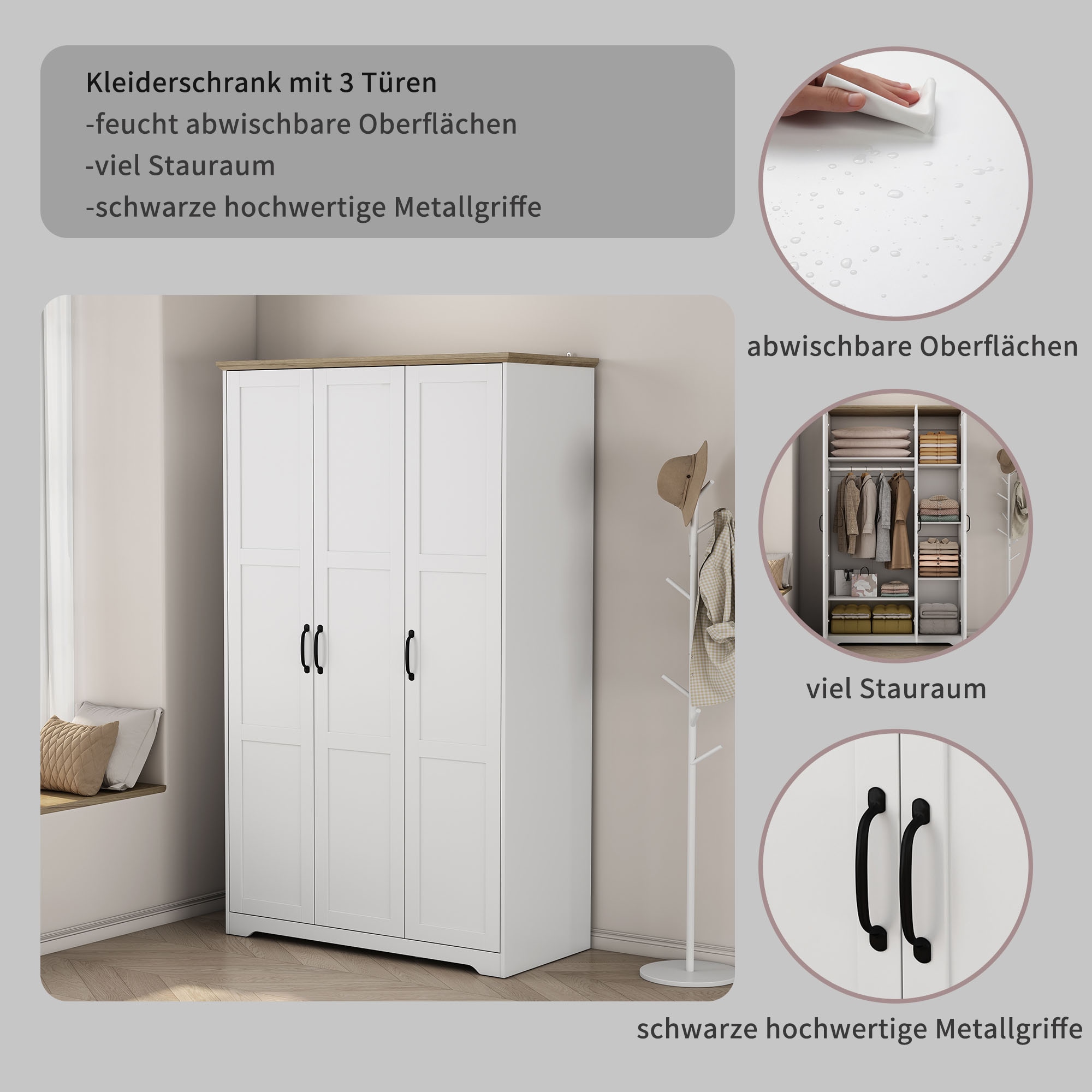 OTTO home Kleiderschrank »Emmilia Schrank Schlafzimmerschrank im Landhaus Design« Mit vielen Einlegeböden und Softclose,  Landhaus Schrank mit  3 Türen Breite 113,4cm, Höhe 2m