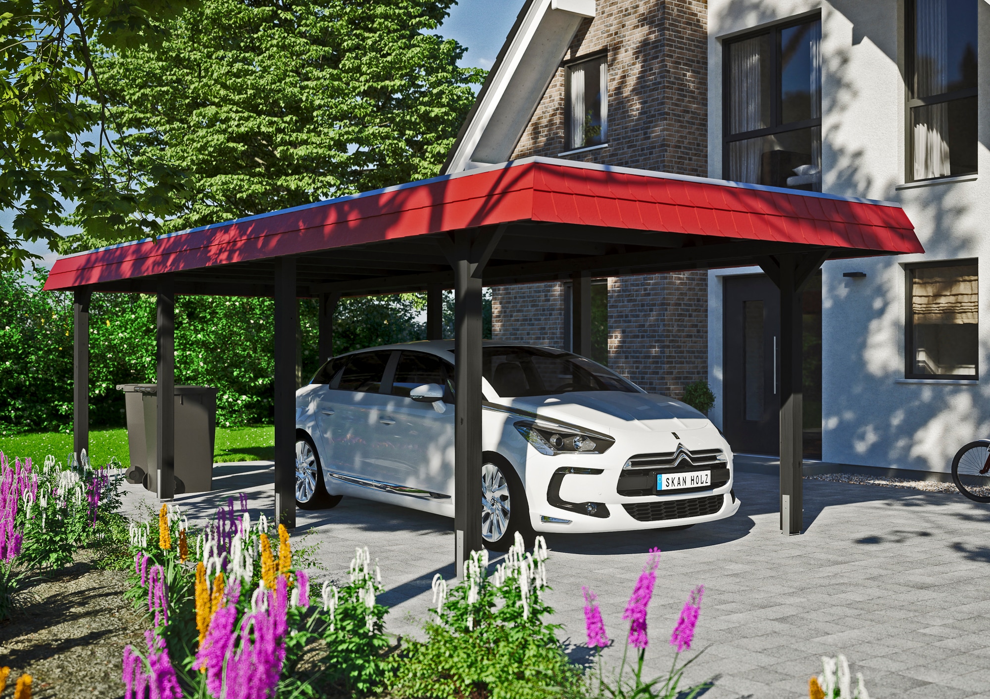 Skanholz Einzelcarport »Wendland«, Holz, 291 cm, Anthrazit, rote Blende