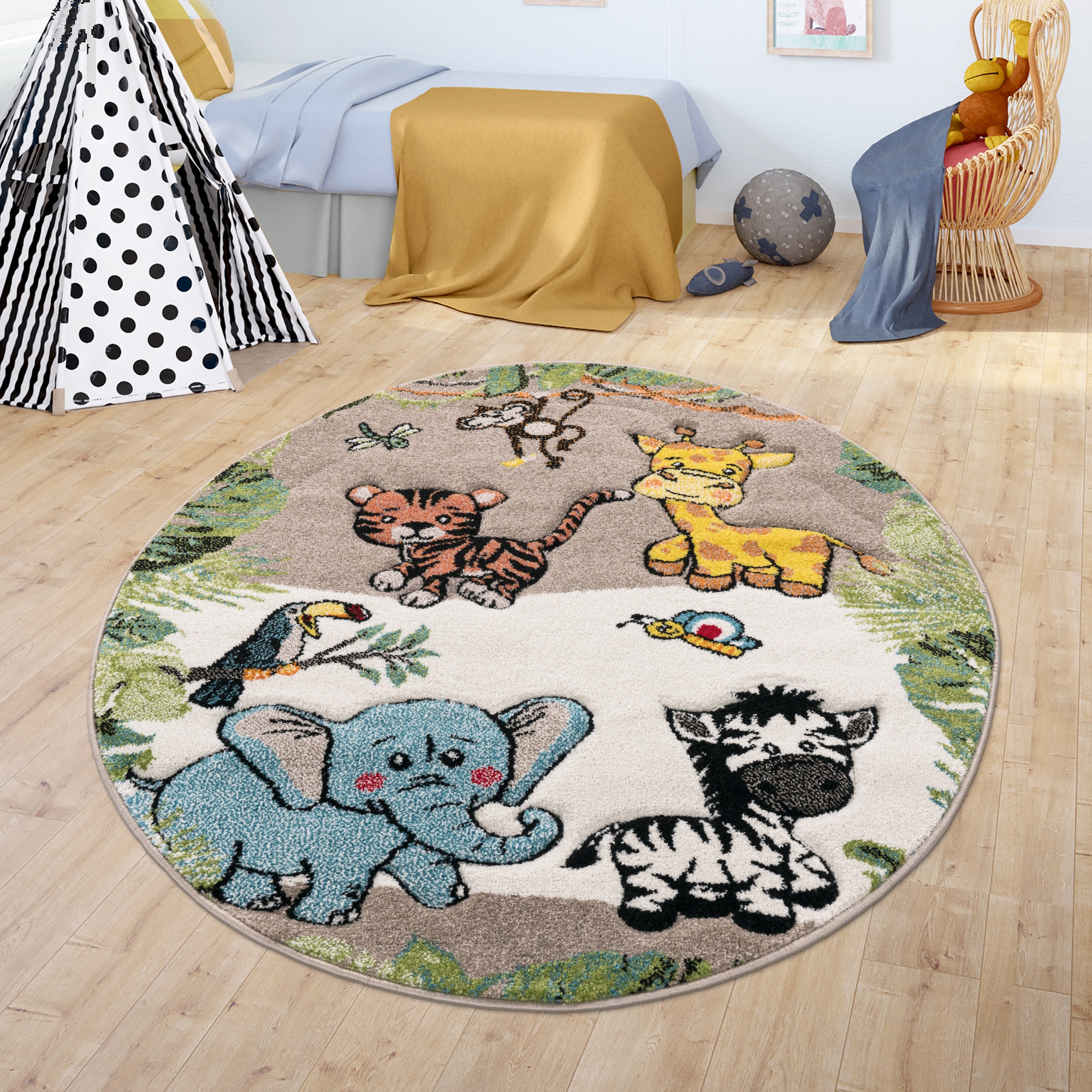 Paco Home Kinderteppich »Diamond 644«, rund, 18 mm Höhe, Kurzflor, 3D-Design, Motiv Dschungel Tiere, Kinderzimmer