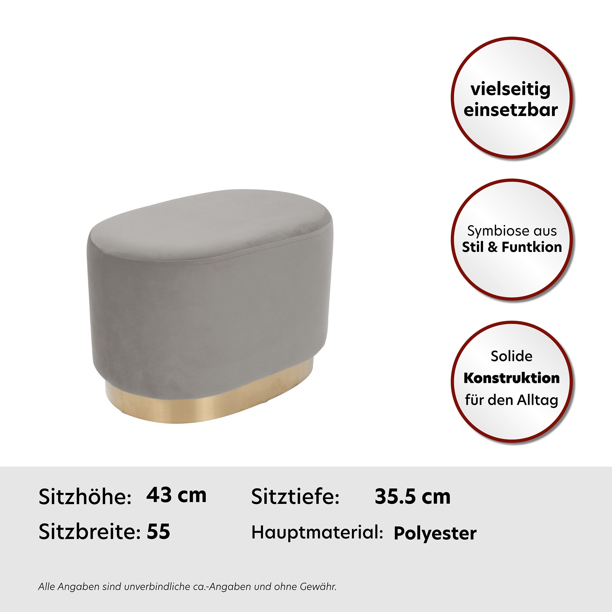 Kayoom Hocker »Nano 410, Hocker in stilvollem Design, ovale Form, mit Fuß aus Metall«, (1 St.), Gold Akzente, Bequem, Modern, mit pflegeleichtem Stoffbezug