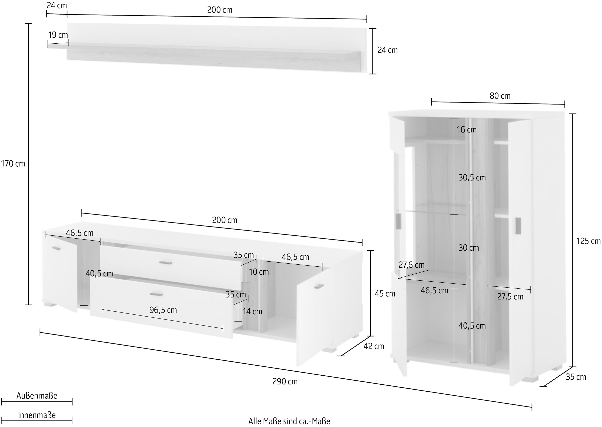 INOSIGN Wohnwand »LONG ISLAND«, (Set, 3 St.), in moderner Trendfarbe,inklusive senkrechter Beleuchtung,Breite 290 cm