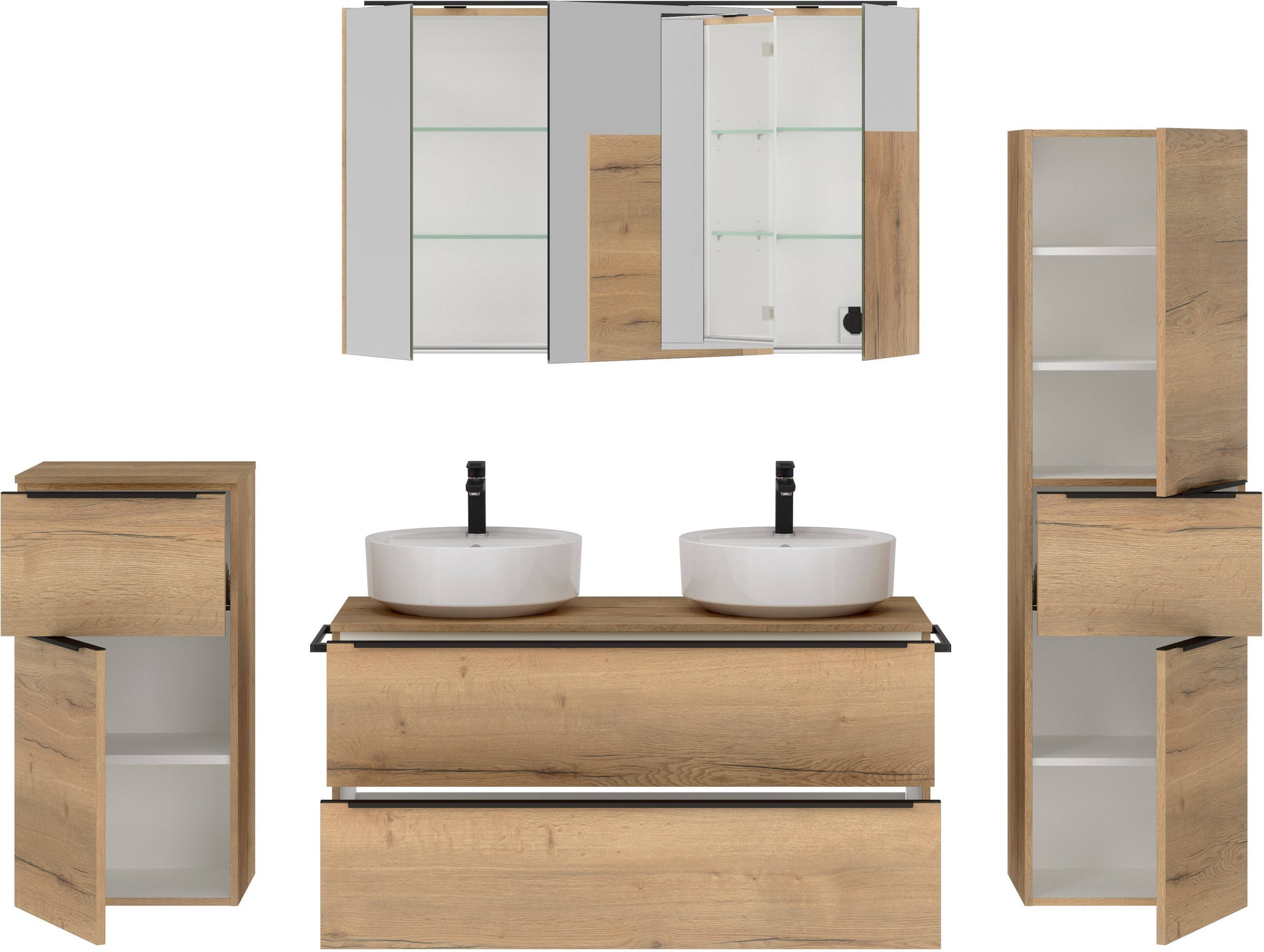 nobilia® Badmöbel-Set »Alvene«, (4 St., vormontiert, mit Soft-Close), inkl. Spiegelschrank mit Beleuchtung und Dimmerfunktion, in 4 Breiten