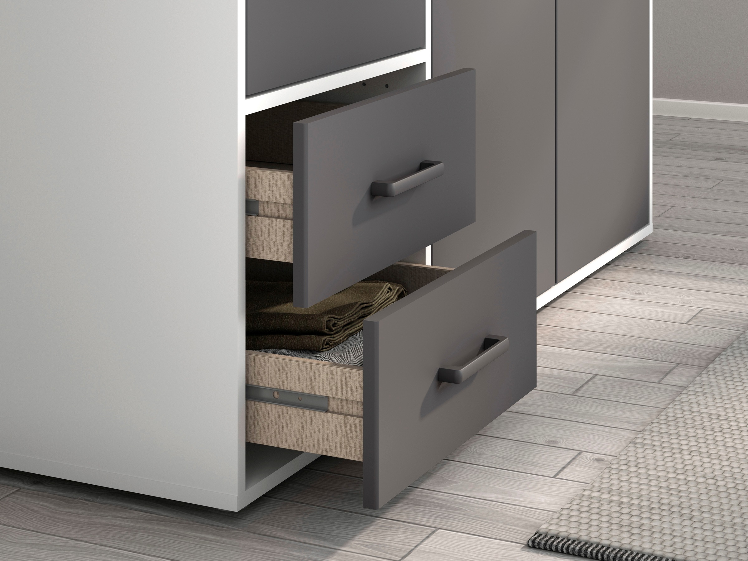 rauch Drehtürenschrank »Kleiderschrank Schrank Garderobe Wäscheschrank VOYAGER«, (in 3 verschiedenen Ausstattungen BASIC/CLASSIC/PREMIUM), moderne Griffe in Graumetallic mit Außenschubkästen MADE IN GERMANY