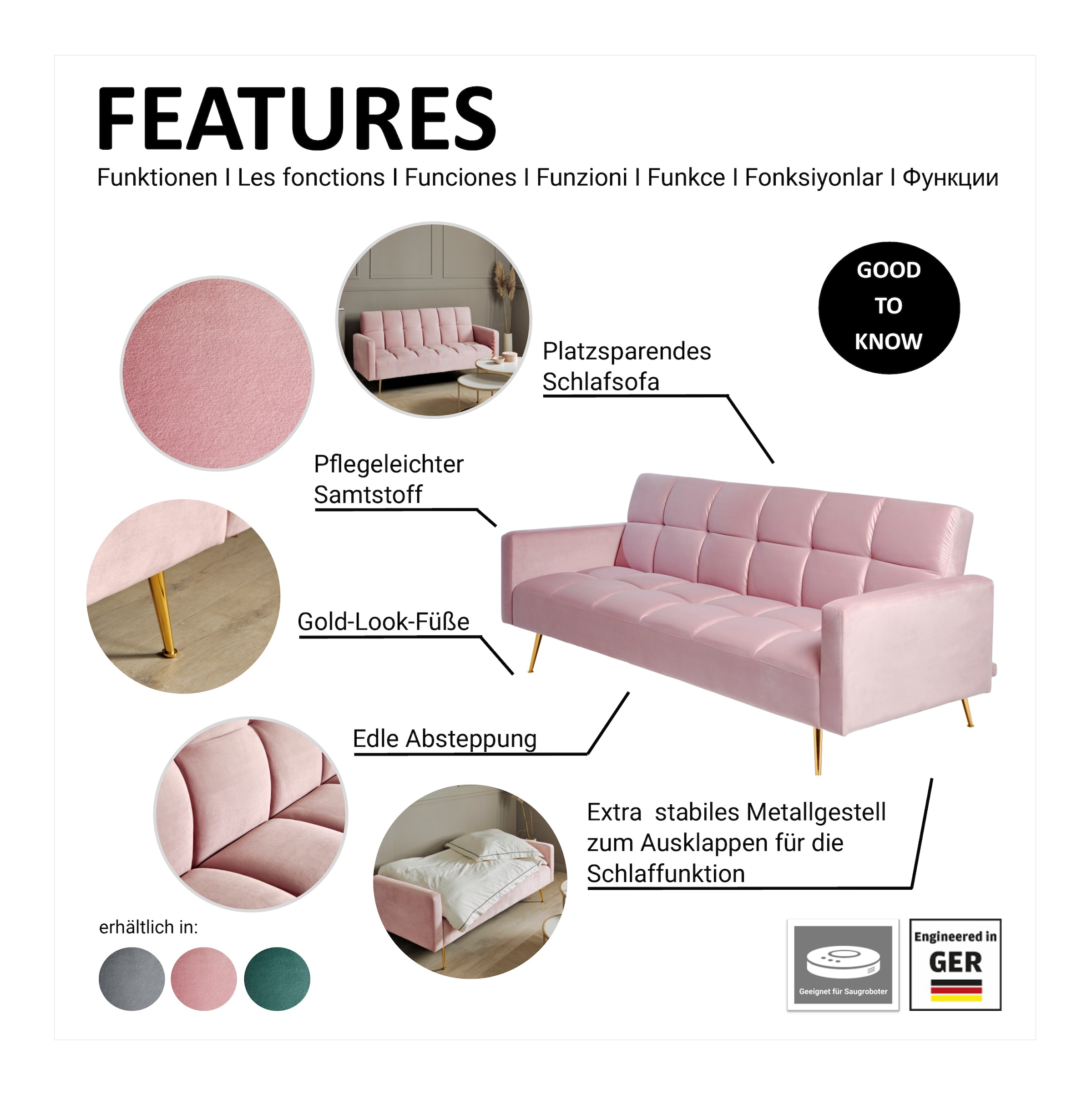 Jahnke Schlafsofa »CHILLAX POSH« mit Schlaffunktion, edler Samtstoff & Füße im Gold-Look, Breite 213 cm