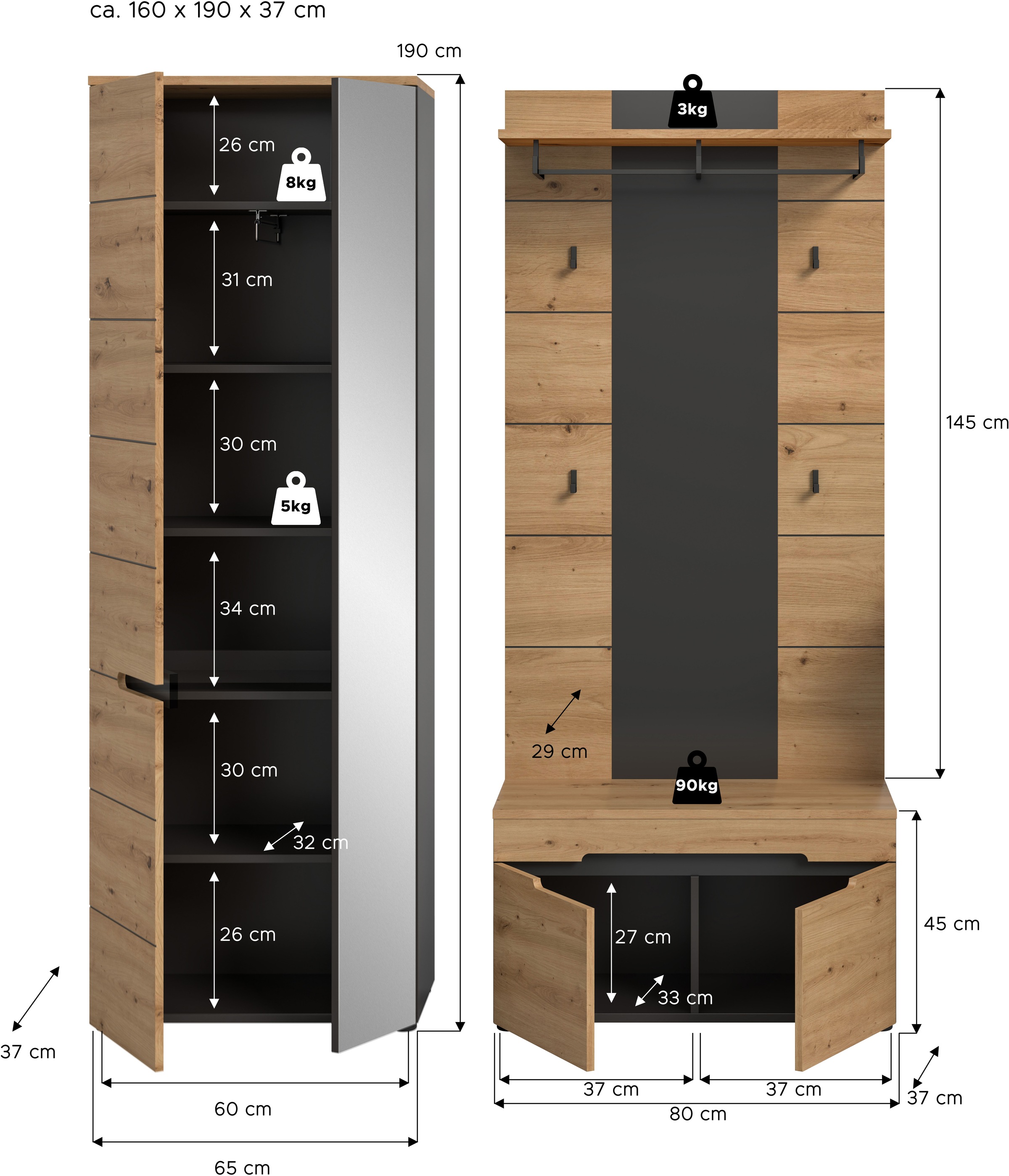 INOSIGN Garderoben-Set, (Set, 3 St., bestehend aus: Garderobenschrank, Sitzbank und Paneel), Garderobenkombination, Kombination, Set, Flurgarderobe, Diele