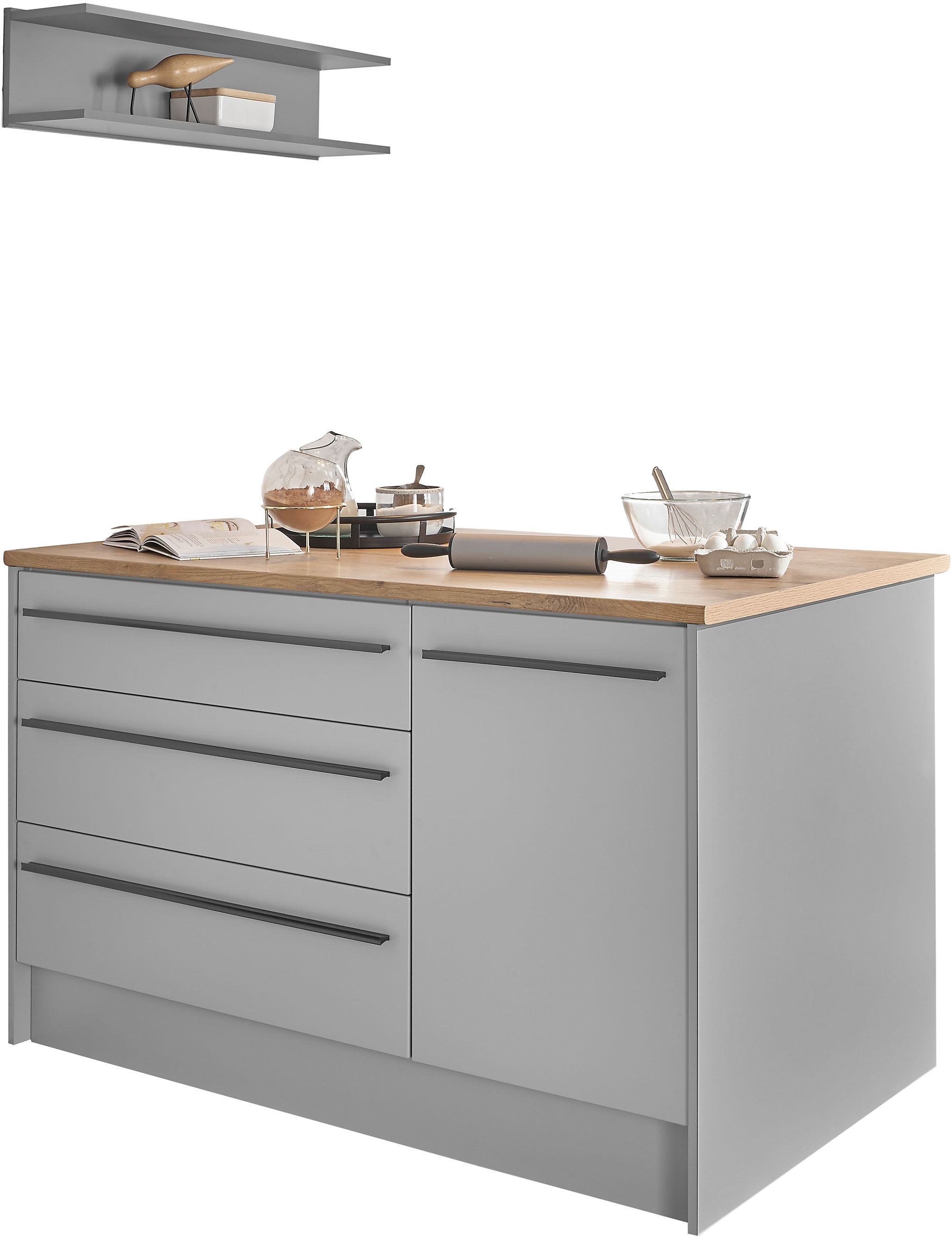 BASIC by Balculina Kücheninsel »Denver, Kochinsel + Küchenregal BxHxT 145 x 90 x 90/BxHxT 90x22x21«, Breite 145 cm, mit Tür, Schubkasten, Klappe und offenem Fach