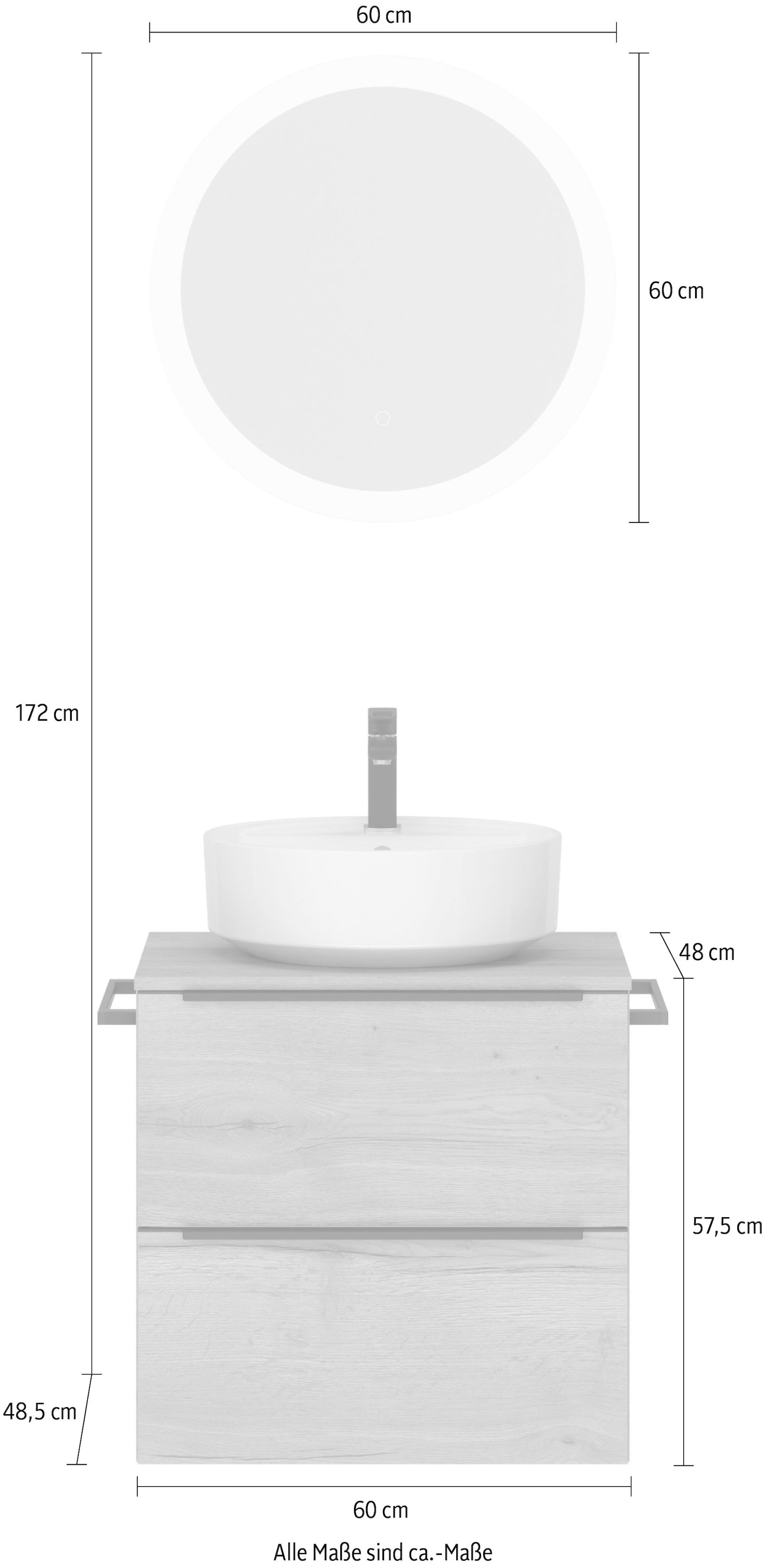 nobilia® Badmöbel-Set »Alvene«, (2 St., vormontiert, mit Soft-Close), Hochglanz, inkl. Spiegel mit Touch-Sensor, in vier Breiten
