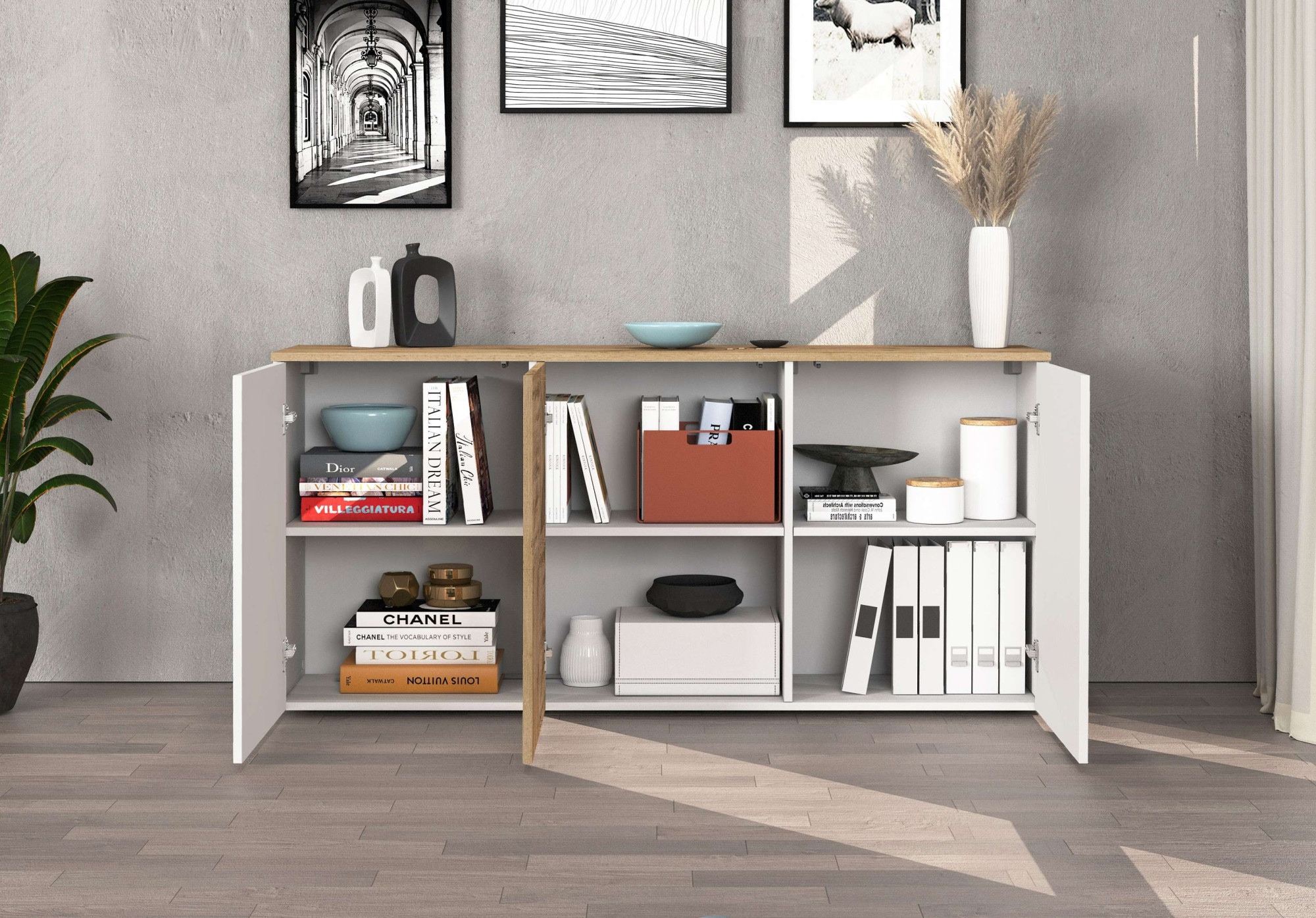OTTO home Sideboard »ISEO, Kommode, Schrank, Sideboard, Lowboard, 6 Fächer, Breite 150 cm« 1 Stk. tlg. stehend/hängend, 3 Türen Hochglanz lackiert, Made in Italy