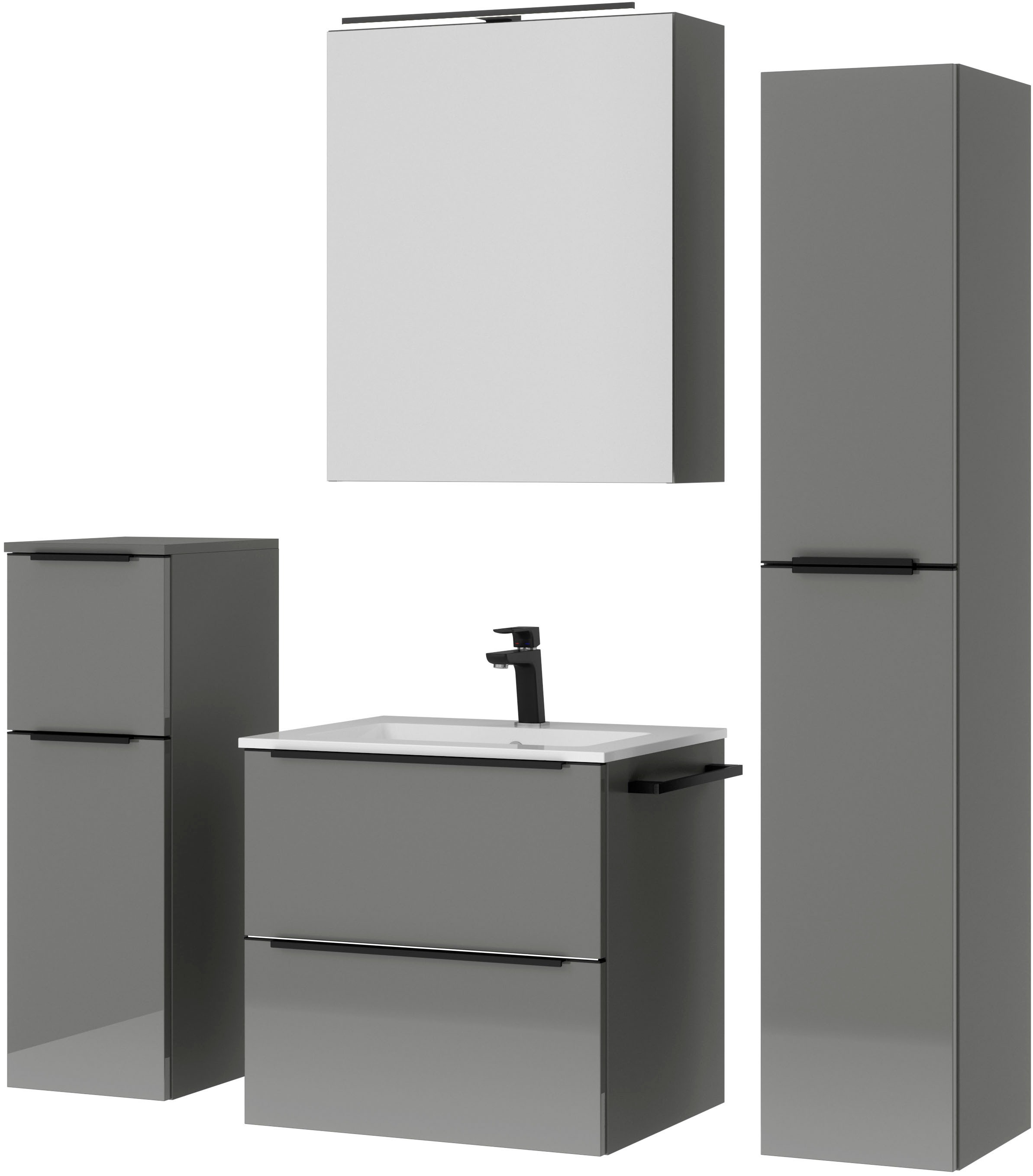 nobilia® Badmöbel-Set »Levere«, (4 St., vormontiert, mit Soft-Close), inkl. Spiegelschrank mit Beleuchtung und Dimmerfunktion, in 4 Breiten