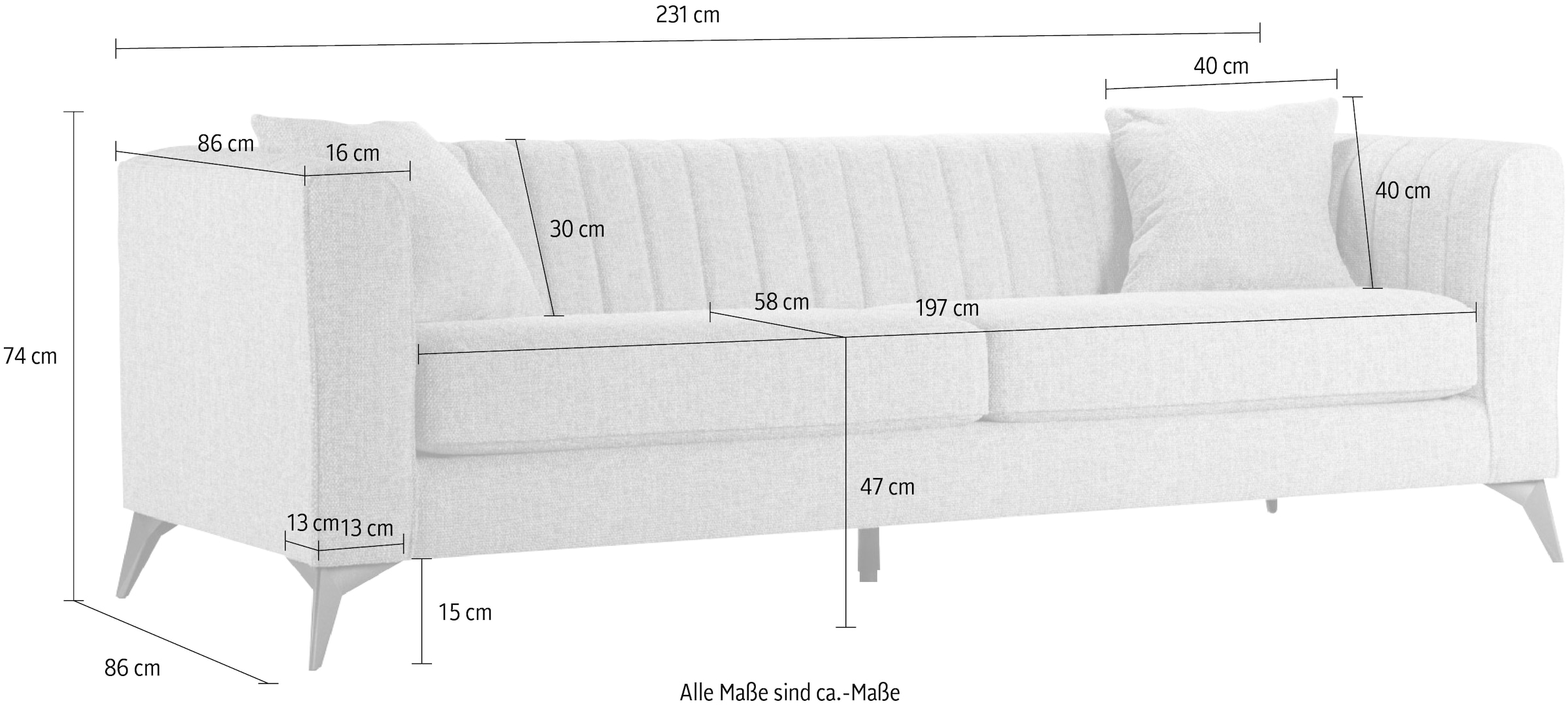 Places of Style 4-Sitzer »MATTHEW elegantes Designsofa, Maße B/T/H: 231/86/74 cm«, XXL, Steppung im Rücken, lose Sitzkissen, incl 2. Zierkissen