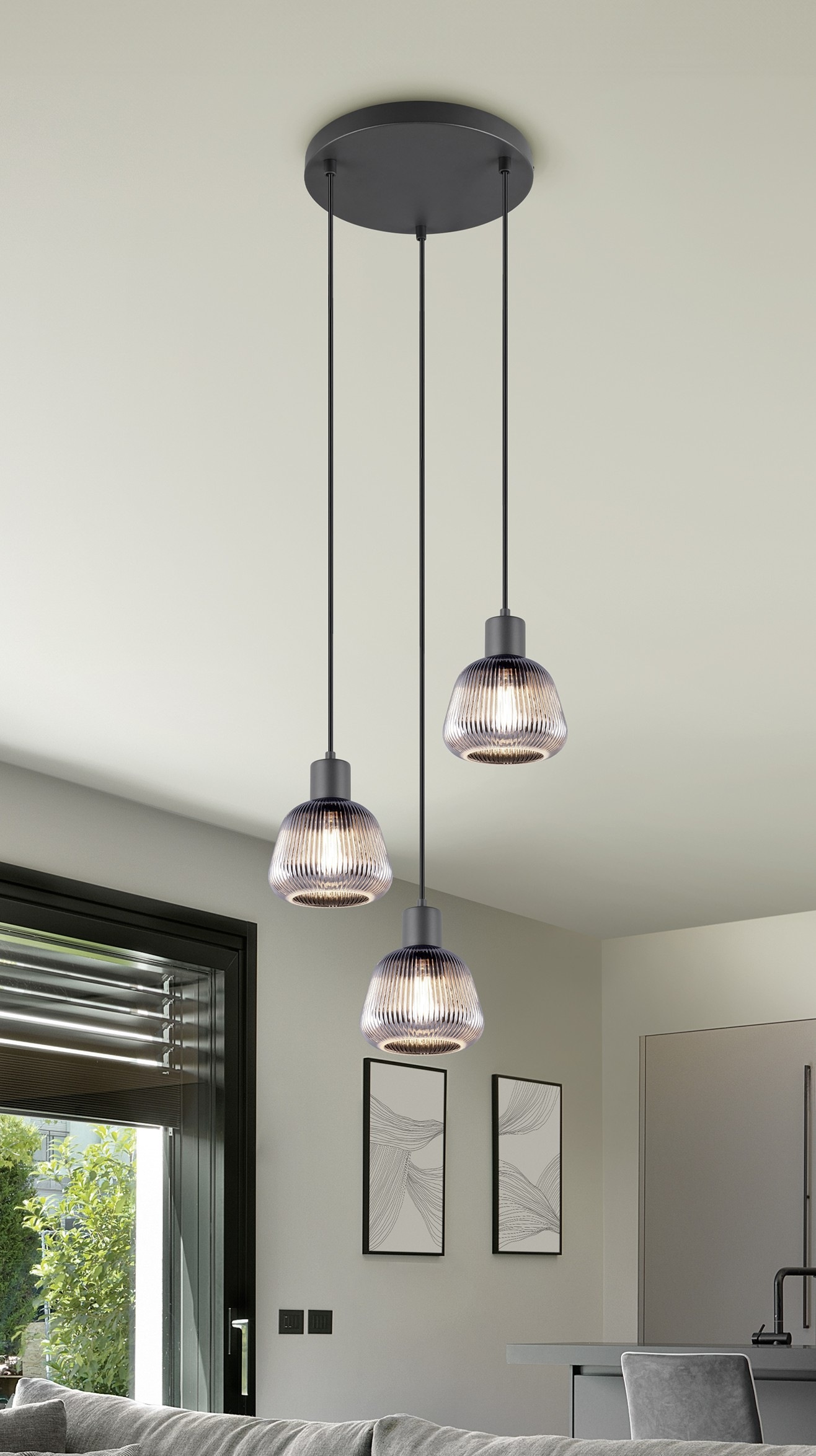 TRIO Leuchten Pendelleuchte »TARIFA, 3-flammige Hängeleuchte exkl 3xE27 max 25W, Glas Hängelampe«, 3 flammig, Leuchtmittel E27 | Leuchtmittel wechselbar, höhenverstellbar max 150cm Glas in Riffeloptik und leicht verspiegelt