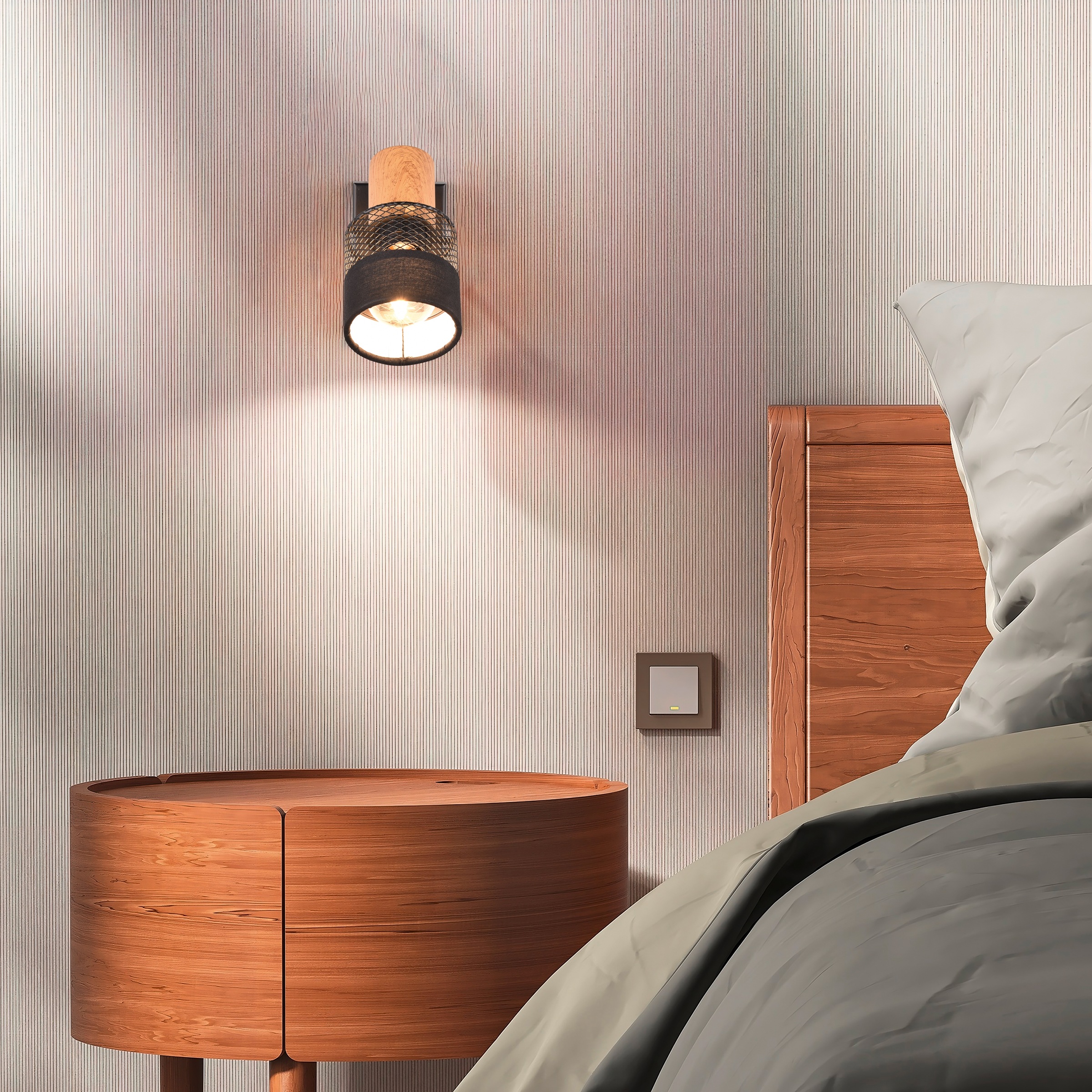 TRIO Leuchten Wandstrahler »NANDINI, Spot 1-flammig exkl 1x E14 max 10W, flexibel drehbarer Spot« E14 1 Stk. warmweiß - kaltweiß Wandspot mit Schirm aus Holz, Stoff und Metall, Ø7cm Schirm