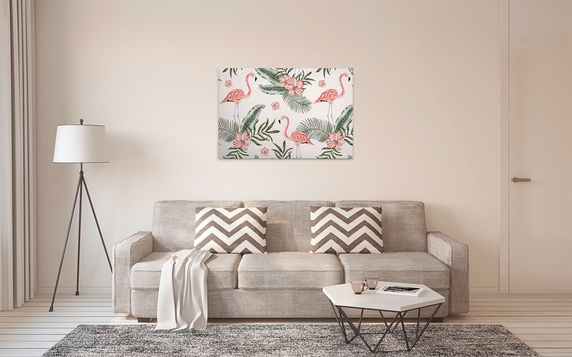 A.S. Création Leinwandbild »Tropical Vibes«, Kunst-Blumen-Kinder, (1 St.), Palmenblätter Flamingo Keilrahmen Leinwand-Bild Wohnzimmer modern Wand