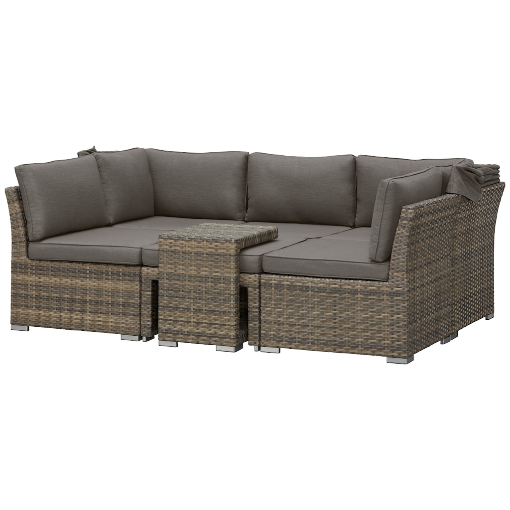 KONIFERA Gartenlounge-Set »Hawaii Premium«, (Set, 19 tlg., 1x3erSofa, 2xSessel, 1xHocker, 1xBeistelltisch, 1xTisch 111x54x59cm), mit aufklappbarem Dach und zur Sonneninsel umbaubar, Aluminium