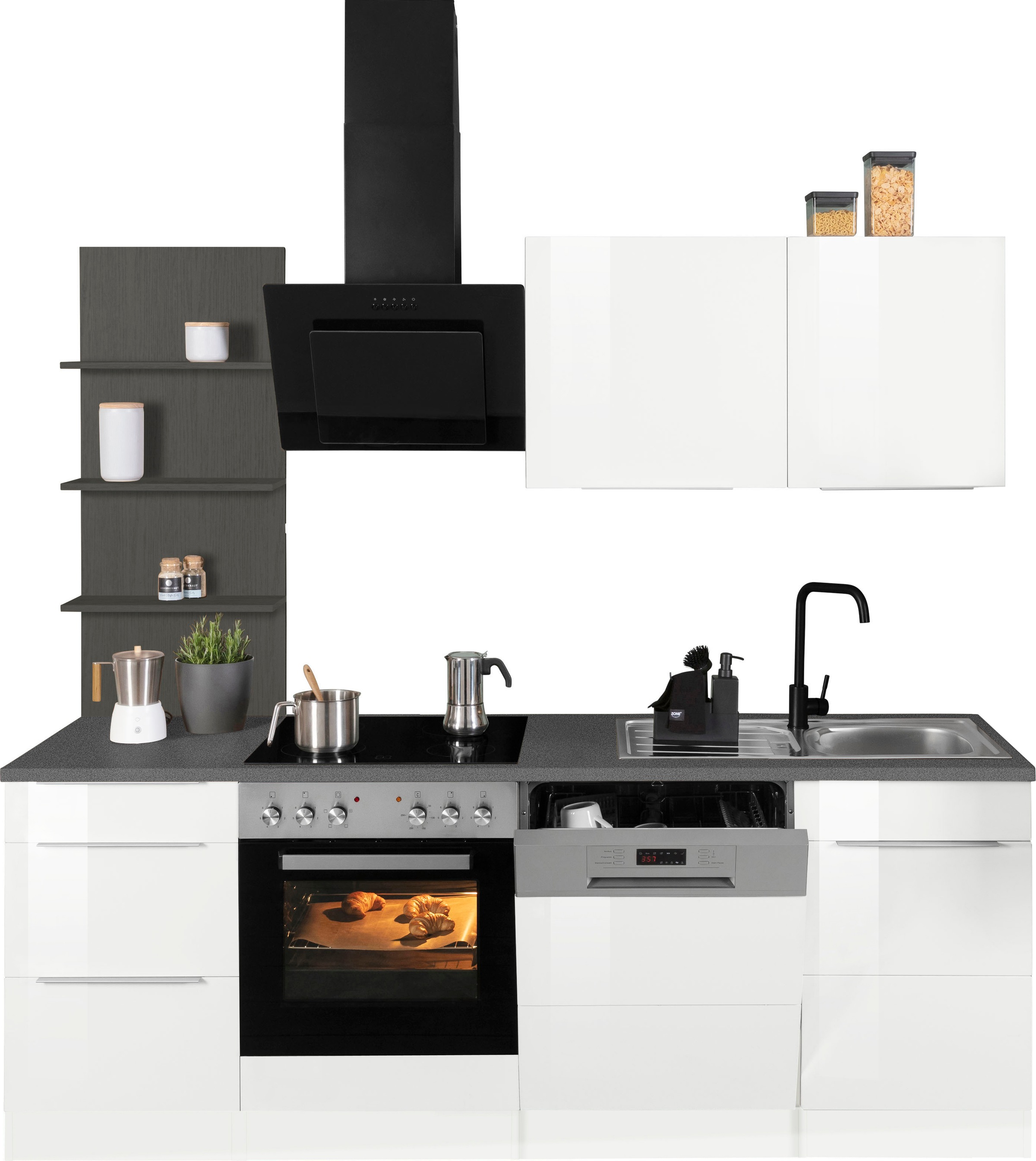 KOCHSTATION Küchenzeile »KS-Brindisi«, Breite 220 cm, wahlweise mit E-Geräten, mit MDF-Fronten und Regal