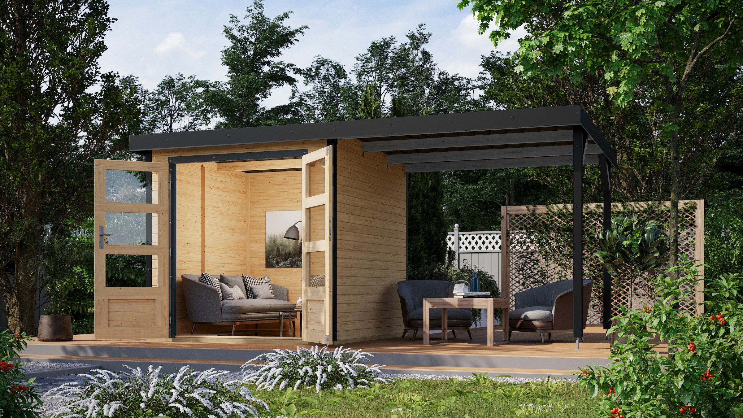 Karibu Gartenhaus »Jupiterino 2  SET, in verschiedenen Farben« inkl. Anbaudach