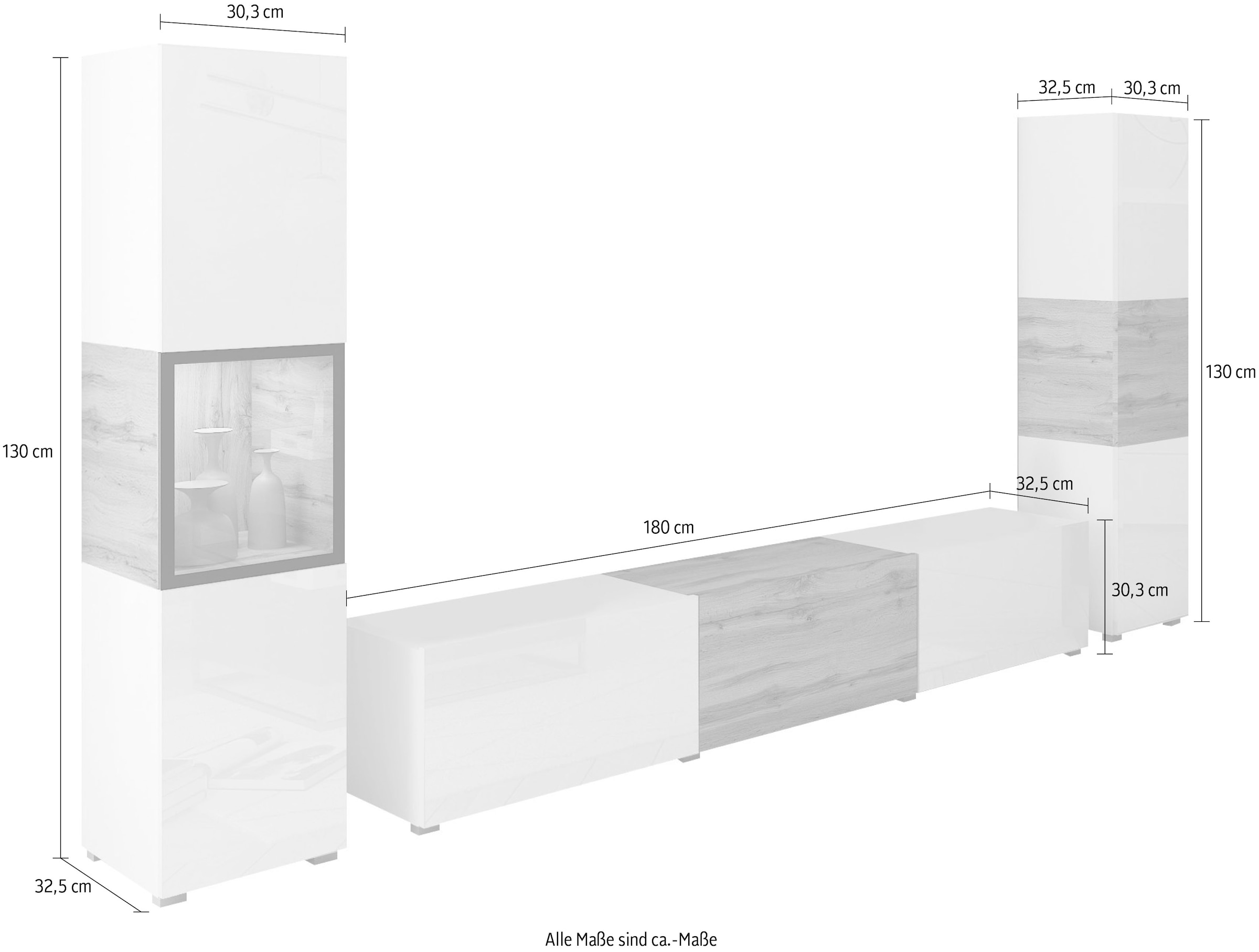 INOSIGN Wohnwand »BERLIN III«, (Komplett-Set, 3 St.), moderne grifflose Mediawand Breite 260 cm, Vitrine mit Verglasung