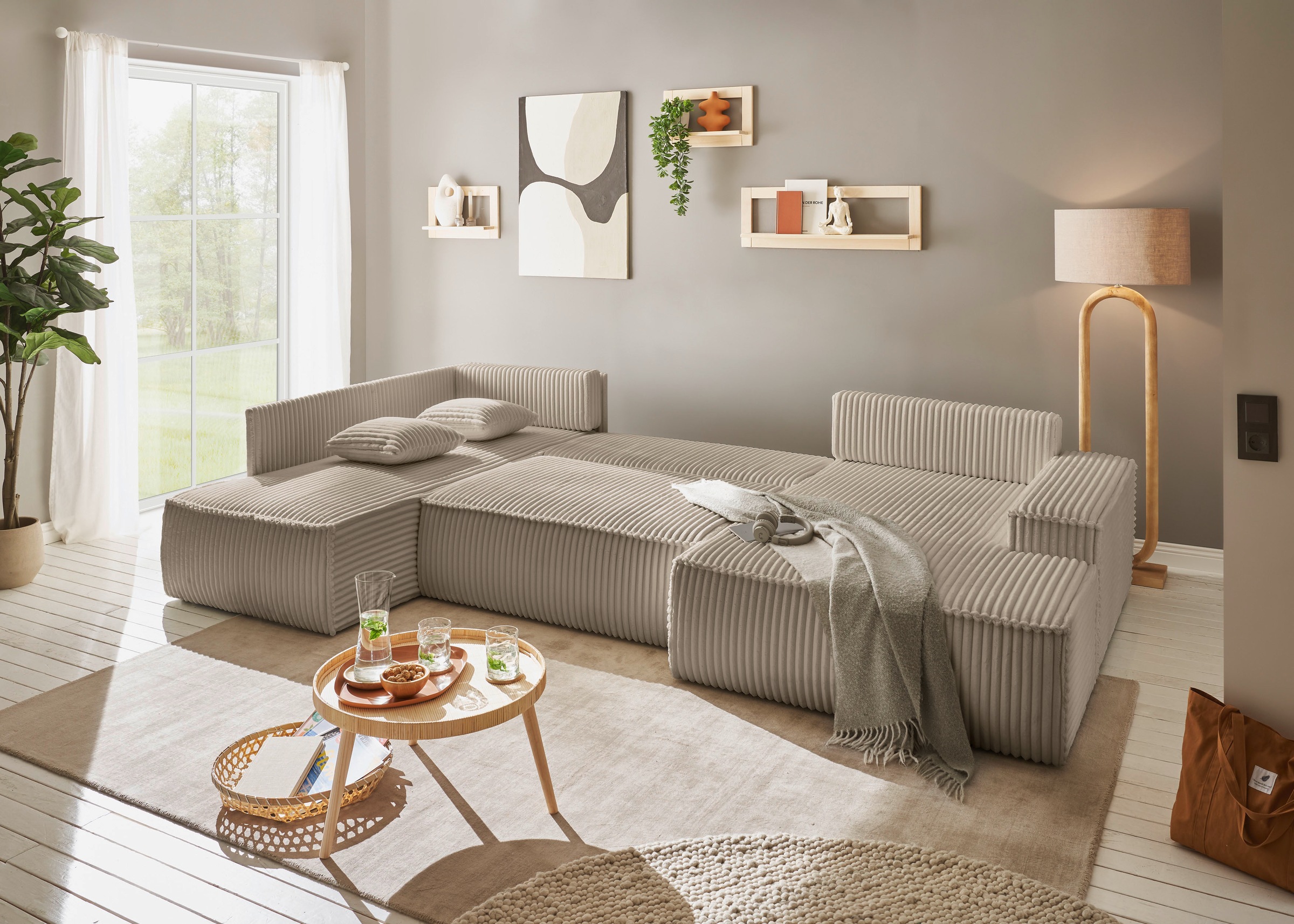 andas Wohnlandschaft »FINNLEY U-Form XXL 329 cm, Schlafsofa, Schlaffunktion m. Bettkasten«, (194/139 cm), Bouclé, Struktur und Cord