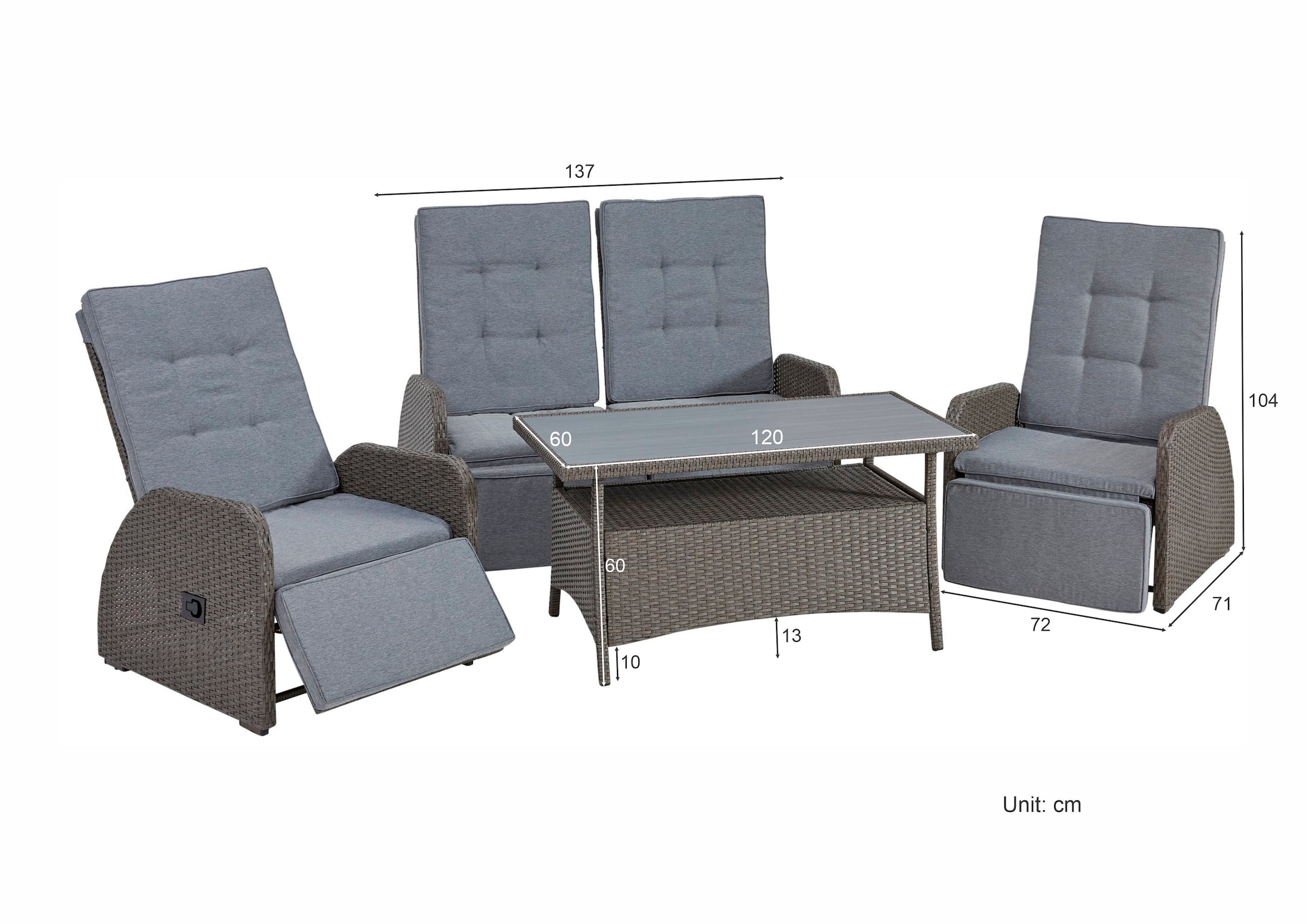 KONIFERA Gartenlounge-Set »Vigo«, (Set, 8 tlg., 2x Sessel, 1x 2er Sofa, 1x Tisch 120x60x60cm, inkl. Auflagen), Polyrattan, Aluminium, verstellbare Rückenlehne und Fußablage