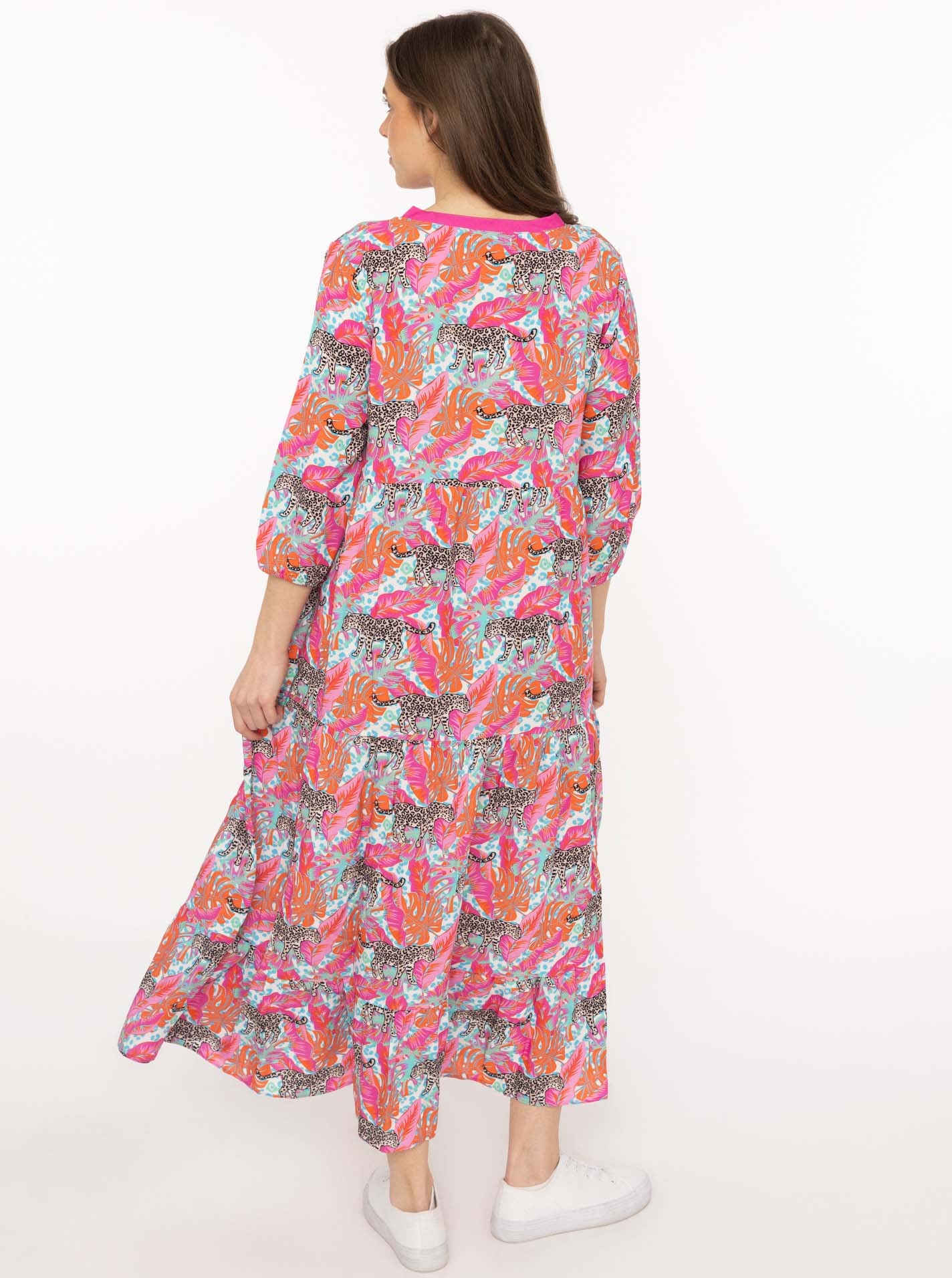 Zwillingsherz Maxikleid »"Wild Jungle"« Ohne Taschen Mustermix mit Leopard, Knopfleiste und 3/4 Arm