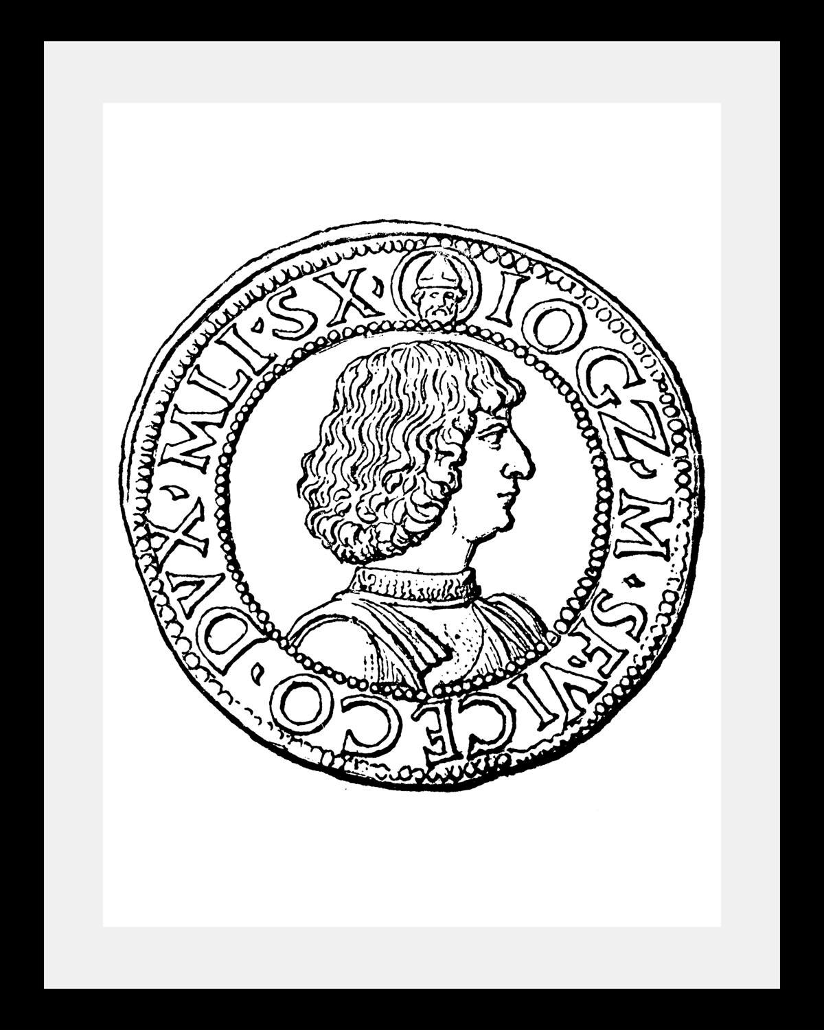 queence Bild »Münze« Historische Persönlichkeiten | Schwarz-Weiß HD Premium Poster-Druck inkl. Holzrahmen