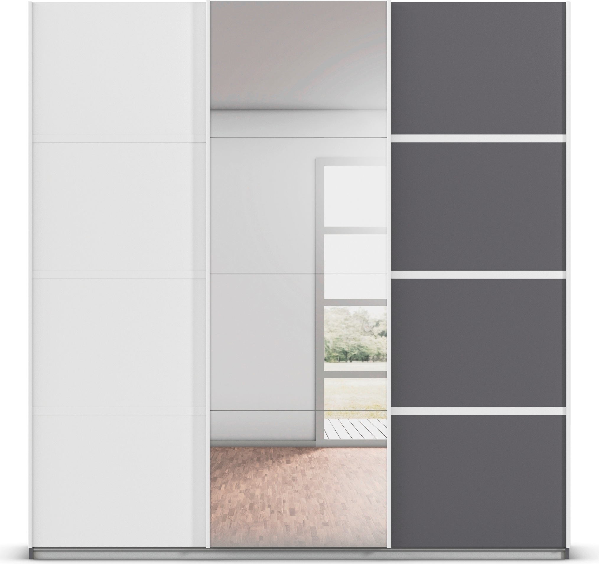 rauch Kleiderschrank »Schwebetürenschrank OTTO´s Choice Garderobe Schrank TOP ANGEBOT Avola«, (in 3 verschiedenen Ausstattungen BASIC/CLASSIC/PREMIUM inkl. Spiegel), mit eleganten Zierleisten in Chrom, Schwarz oder Weiß MADE IN GERMANY