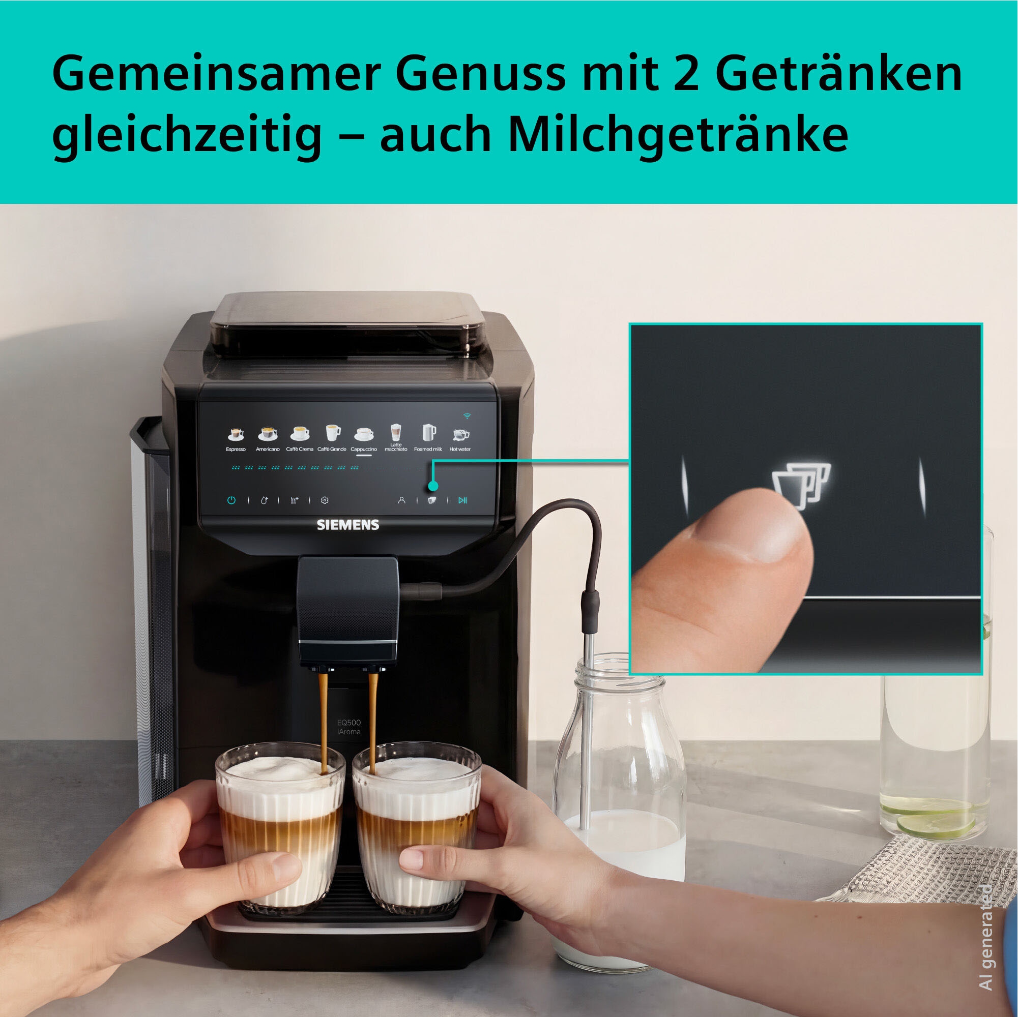 SIEMENS Kaffeevollautomat »EQ500 TP553E19, Doppeltassenfunktion, 8 Getränke, farb. Touchdisplay« Keramikmahlwerk, entnehmbare Brüheinheit, Steuerung per App, Schwarz