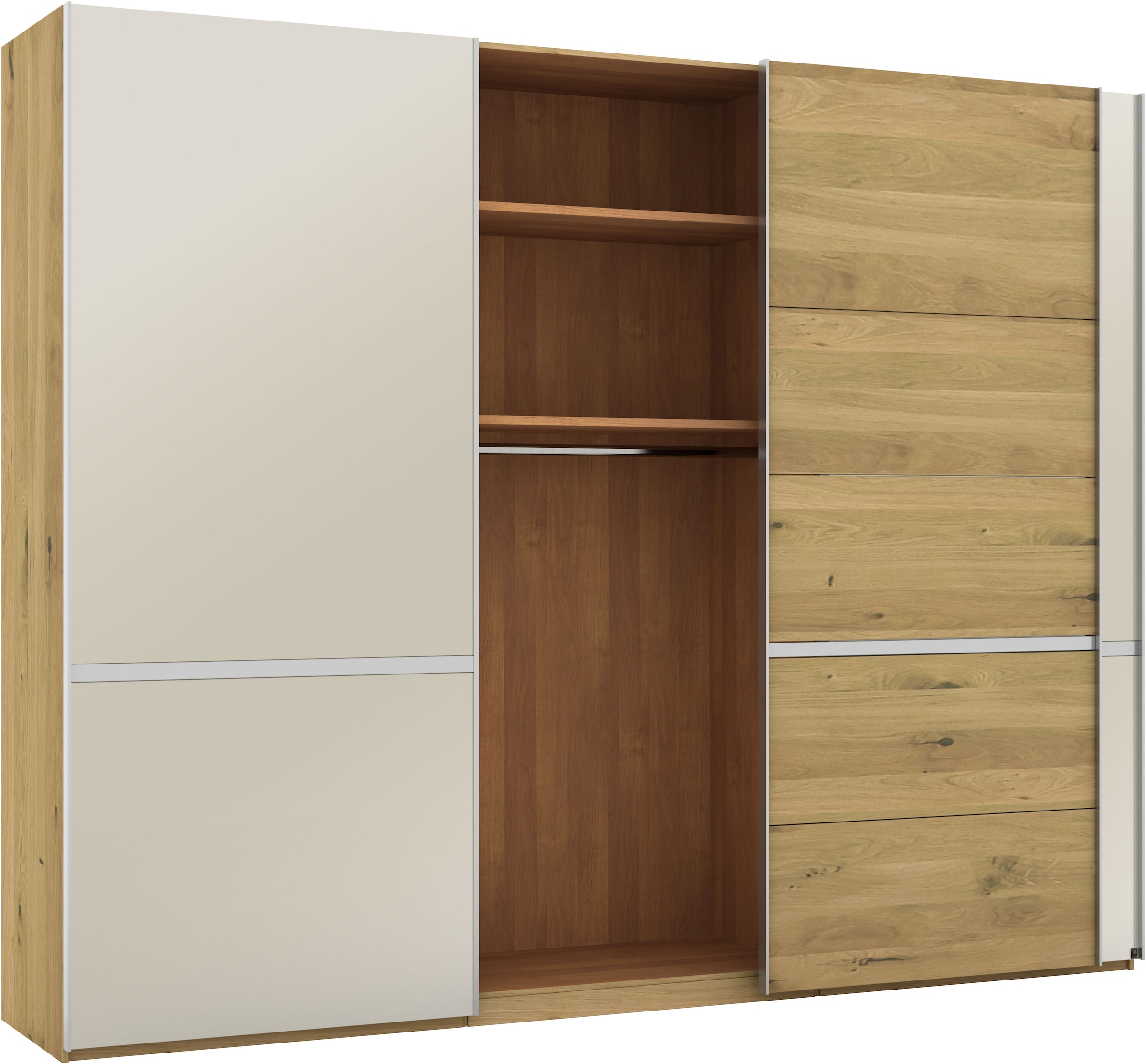 Musterring Schwebetürenschrank »Savona, Kleiderschrank, Schrank, Garderobe, mit Schiebetüren«, (Teilmassiv Bianco-Eiche, mit Spiegel oder Glas, MADE IN GERMANY), Türen Bianco-Eiche massiv, Spiegel-/Glastüren, eingelegte Chromleiste