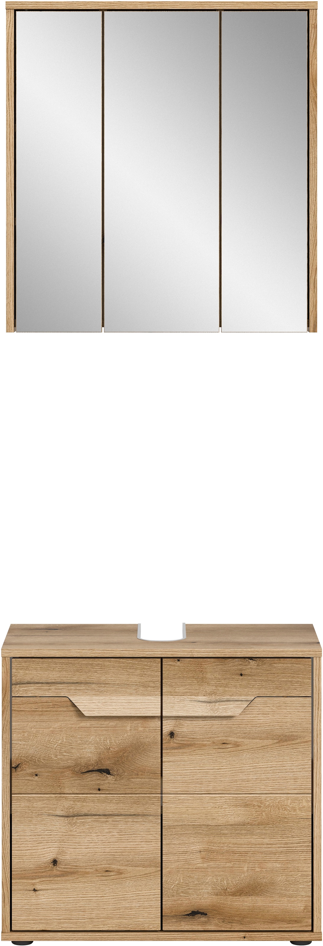 welltime Badmöbel-Set »Kayu, bestehend aus: Waschbeckenunterschrank, Spiegelschrank«, hochwertige MDF Front mit Rillenfräsung, Bad, Bad Set, Badezimmer