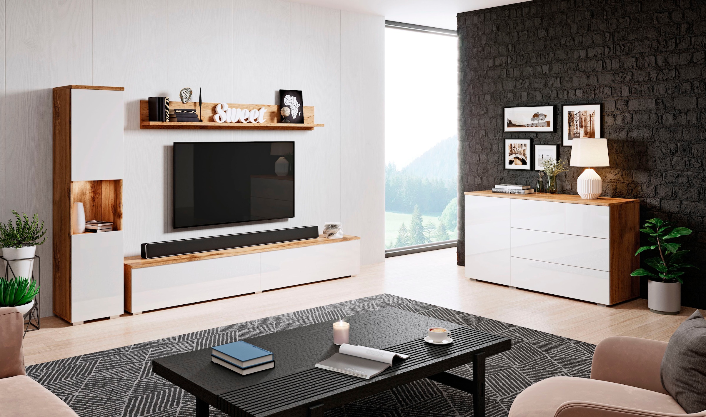 INOSIGN Wohnwand »PARIS, Vitrine Türanschlag links/rechts wechselbar«, (Komplett-Set, 3 St.), grifflose Design, stehend und hängend montierbar