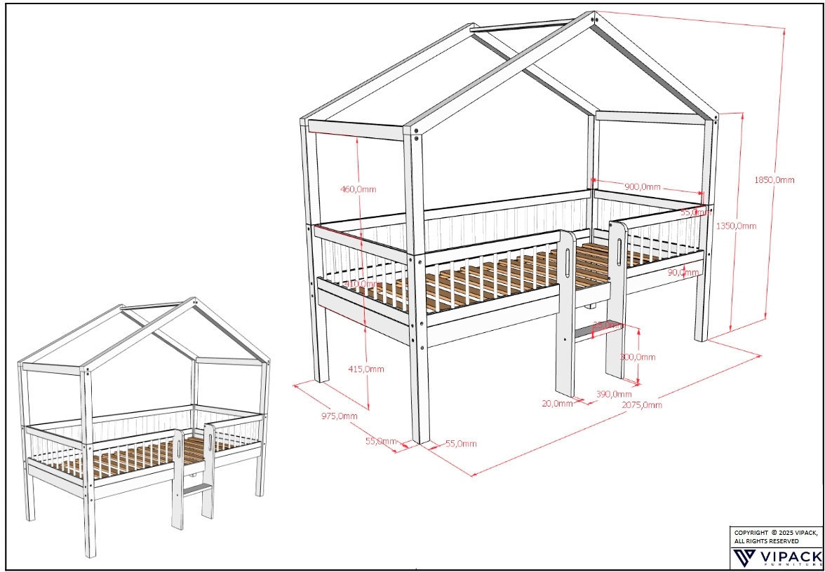 Vipack Hausbett »Inkl. Dachaufbau, Leiter und Rolllattenrost, Made in Europe« wahlweise mit und ohne dekorativem Textilhimmel erhältlich,  hochwertig und stabil bebaut, Buche massiv weiß lackiert