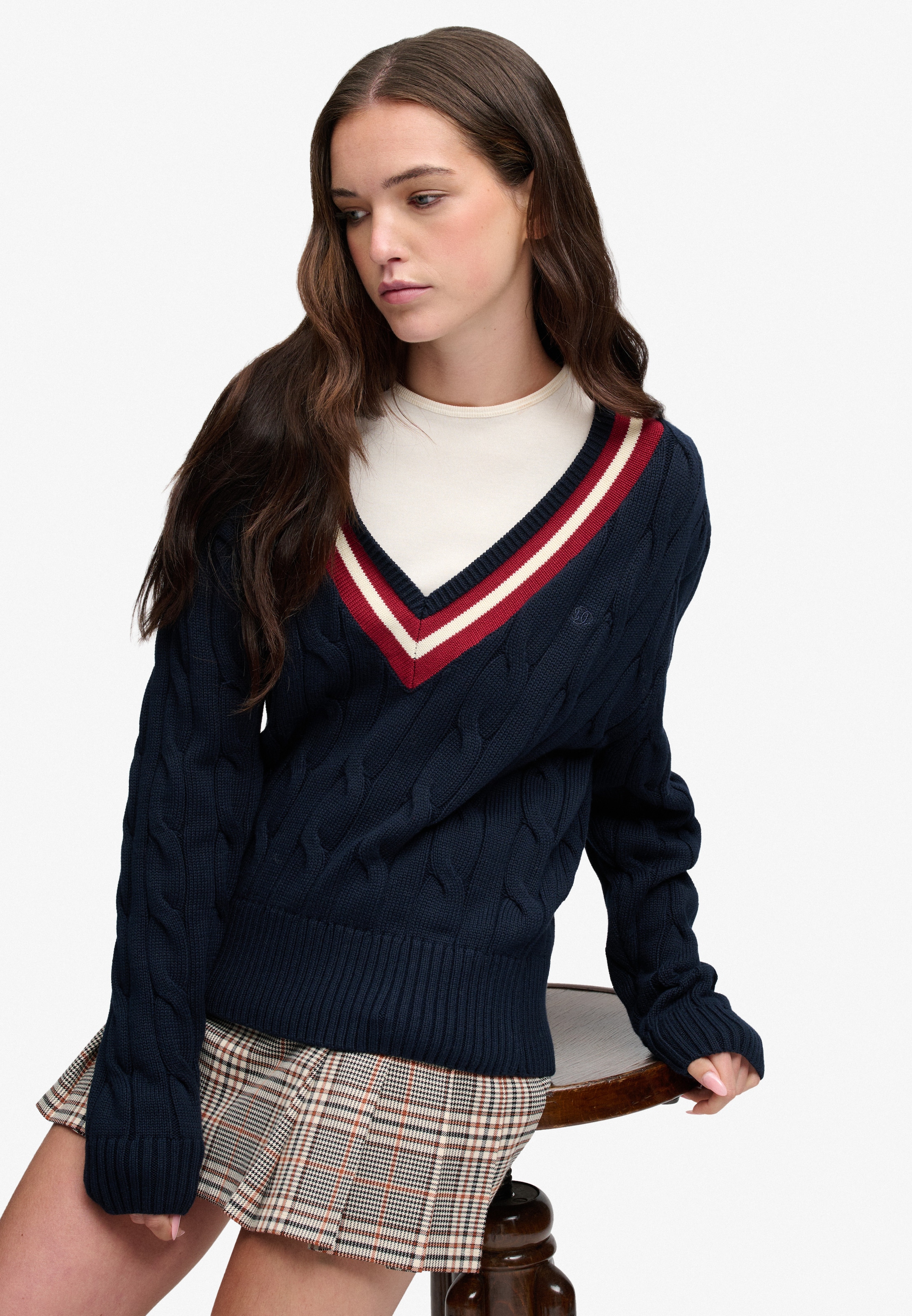 Superdry V-Ausschnitt-Pullover »CLASSIC CABLE CRICKET KNIT« Baumwolle, loose fit