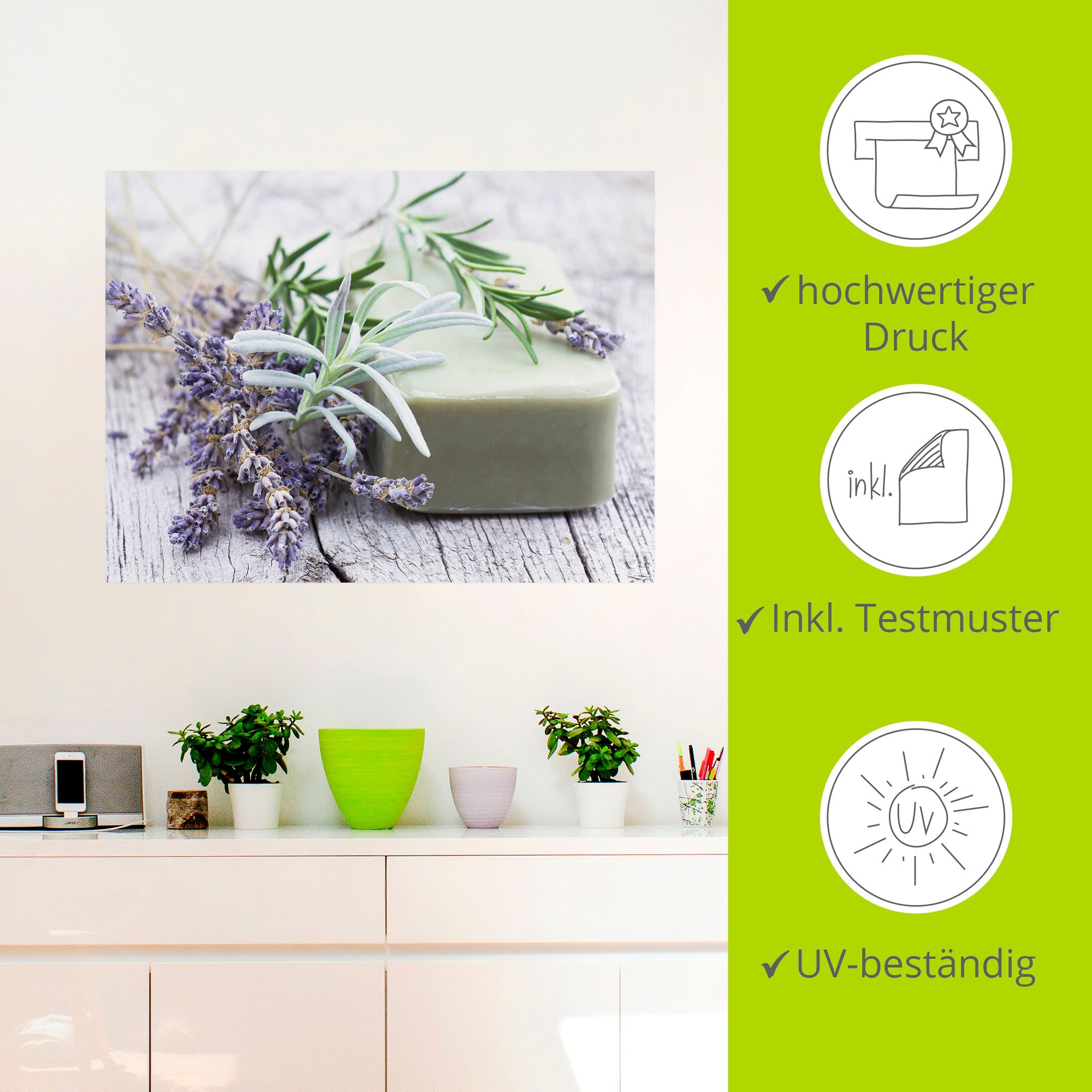 Artland Wandbild »Stück natürlicher Seife mit Kräutern«, Spa, (1 St.), als Leinwandbild, Poster, Wandaufkleber in verschied. Größen