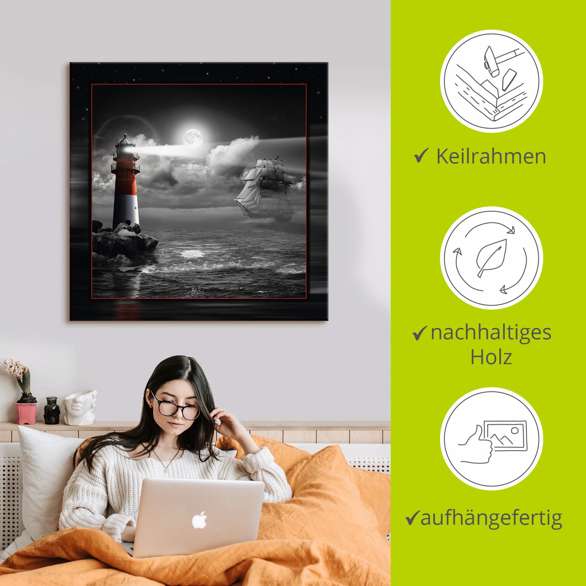 Artland Wandbild »Leuchtturm und Segelschiff im Mondschein«, Küste, (1 St.), als Leinwandbild, Poster, Wandaufkleber in verschied. Größen