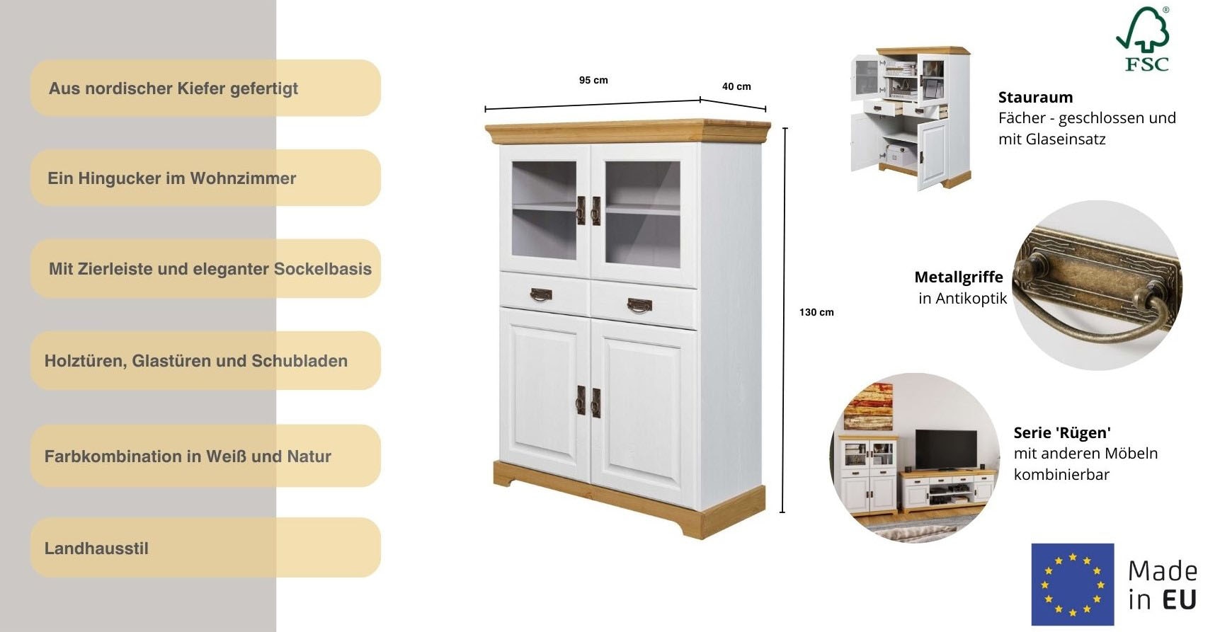 Home affaire Highboard »Rügen«, Vitrine im Landhausstil, zertifiziertes Massivholz, Höhe 131 cm