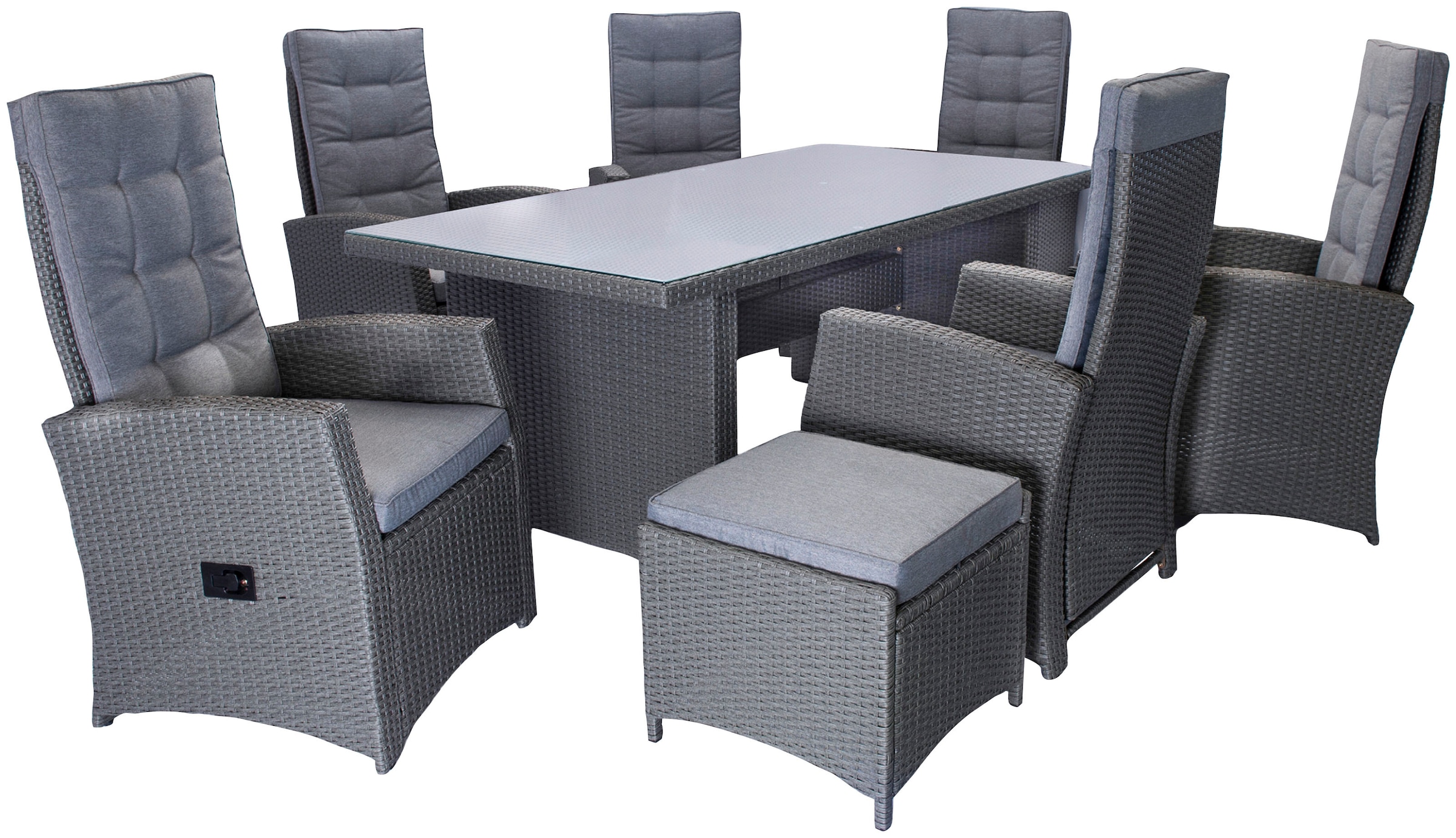 KONIFERA Garten-Essgruppe »Paris«, (Set, 17 tlg., 2x Fußhocker,inkl. Auflagen,Tischplatte aus Sicherheitsglas,Aluminium), Tisch: 200x100x75 cm, verstellbare Rückenlehne, inkl. Schutzhülle