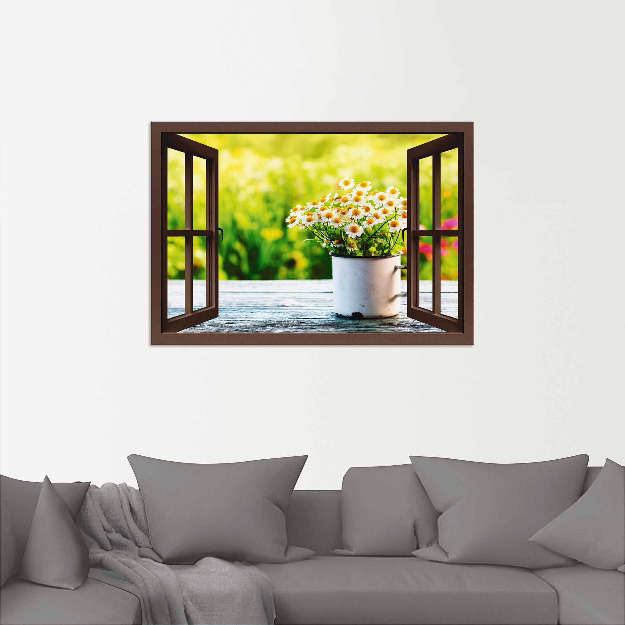 Artland Wandbild »Fensterblick Garten mit Gänseblümchen«, Blumen, (1 St.), günstig online kaufen