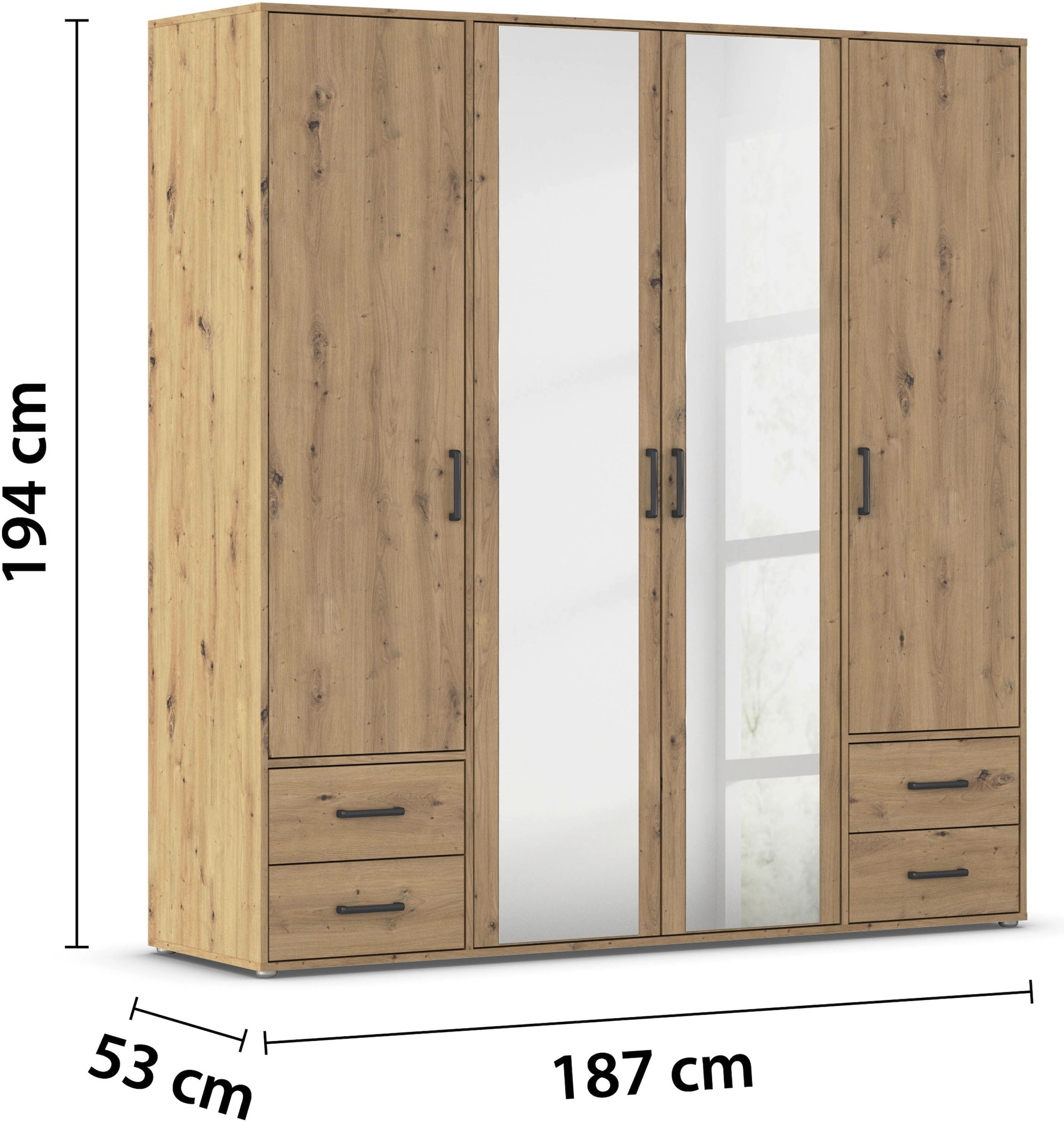 rauch Drehtürenschrank »Kleiderschrank Schrank Garderobe Wäscheschrank VOYAGER«, (in 3 verschiedenen Ausstattungen BASIC/CLASSIC/PREMIUM), mit modernen Griffen in Graumetallic, inkl. Schubkästen und Spiegel