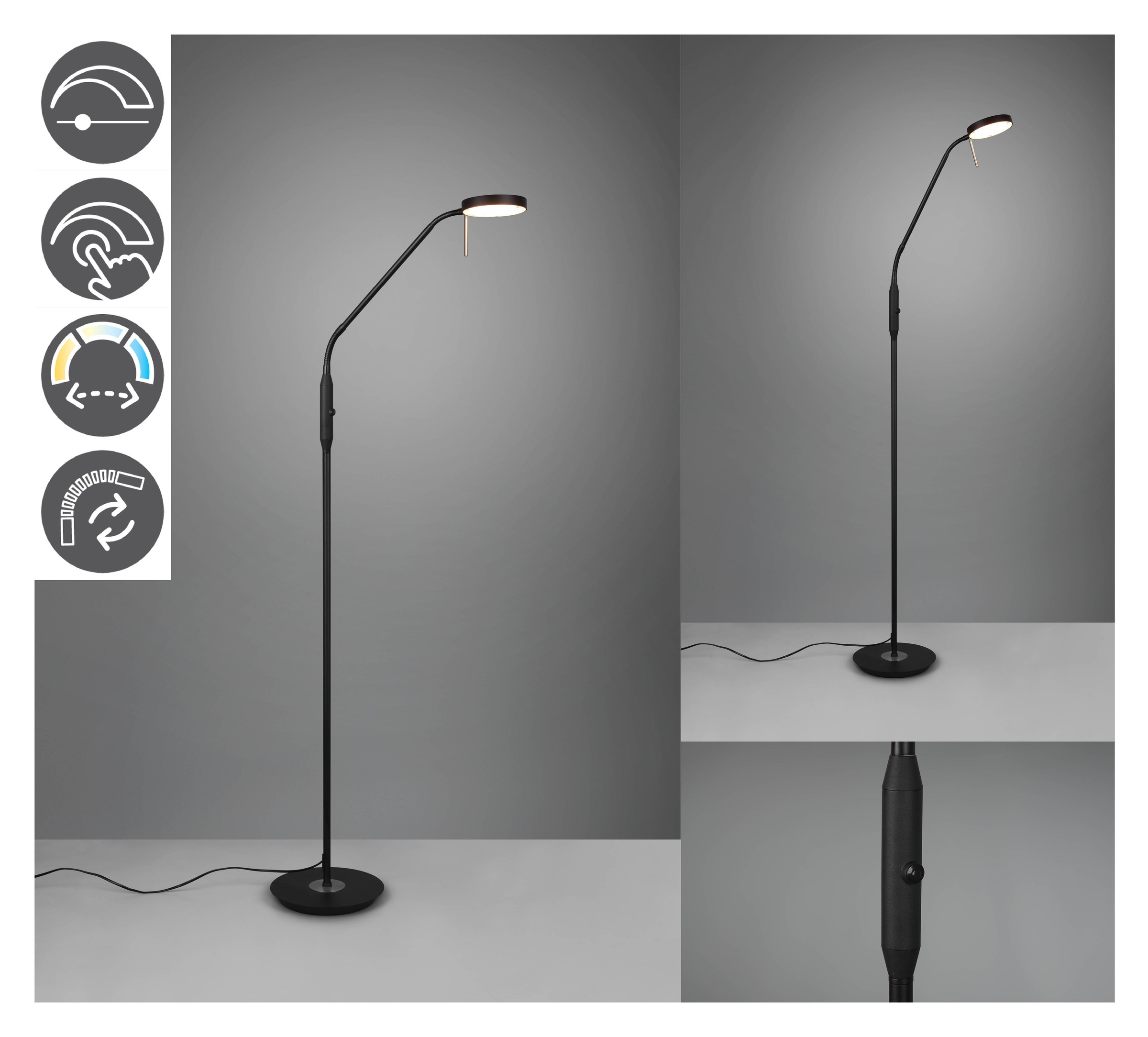 TRIO Leuchten LED Stehlampe »MONZA, Stehleuchte mit Sensordimmer Lichtfarbe einstellbar 2300-4000K«, 1 flammig, Leuchtmittel LED-Board | LED fest integriert, Leuchtenkopf flexibel verstellbar Memoryfunktion Höhe 145-160 cm