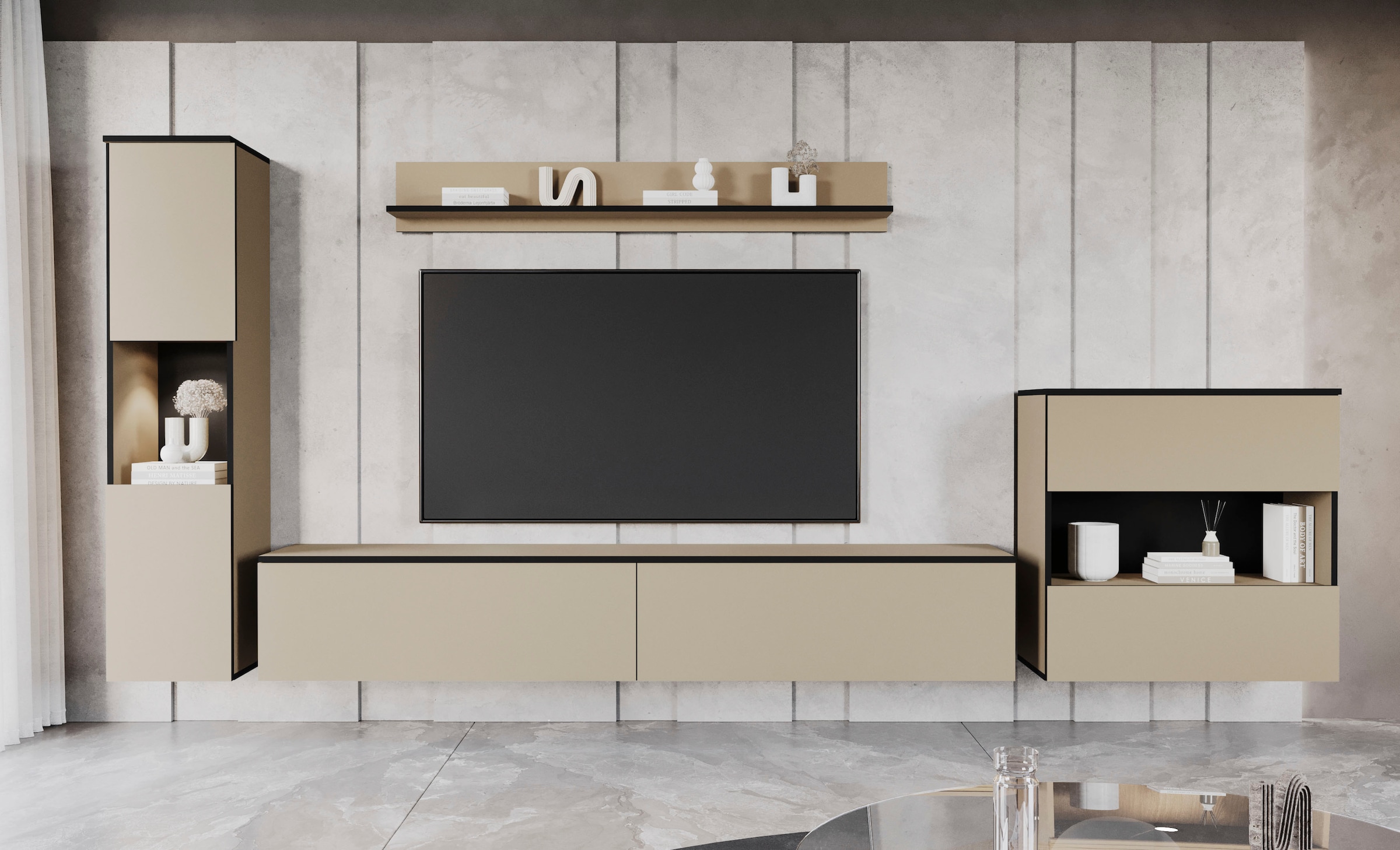 INOSIGN Wohnwand »PARIS«, (Komplett-Set, 4 St.), TV-Wand 300cm breite, grifflose Design, stehend und hängend montierbar