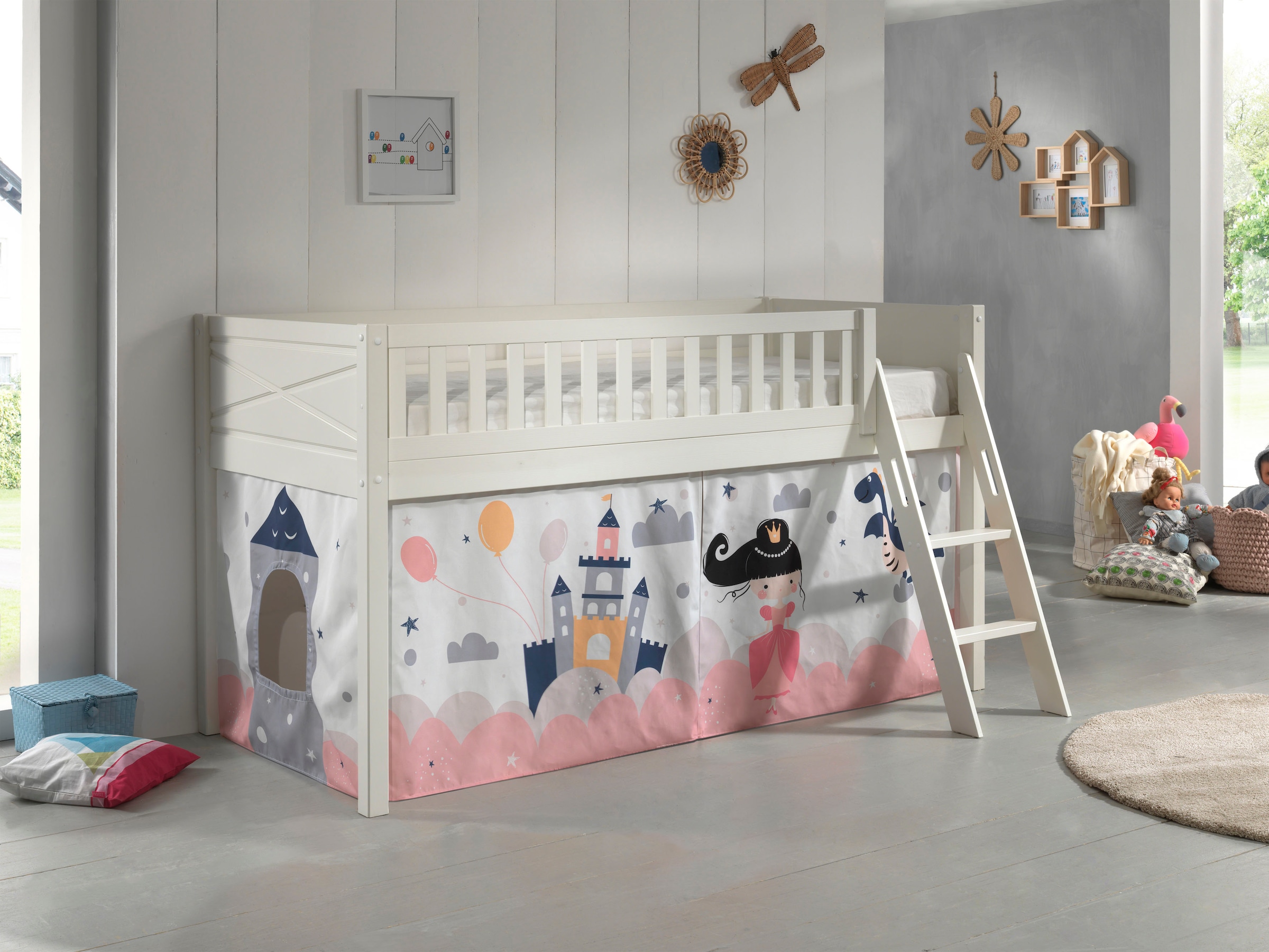 Vipack Hochbett »Scott«, (Made in Europe), mit schräger Leiter, LF 90x200 cm, Vorhang, Tunnel, 7 Designs
